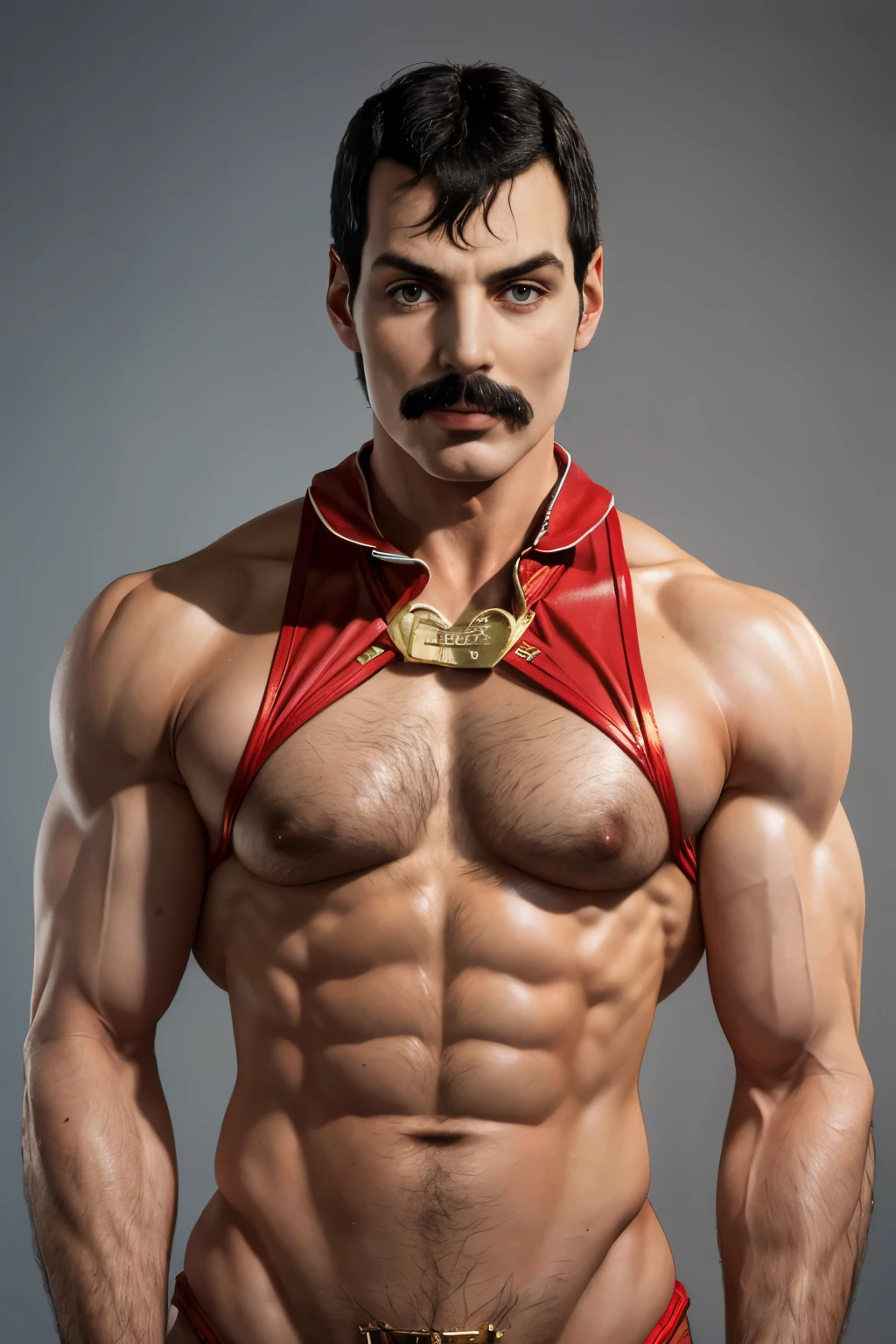 (((Freddie Mercury))), Queen, (((((bodybuilder))))), a cute boy, 20 years old handsome boy, smile, short hair, (bikini brief), (((very muscular body, vascularity, veins))), upper-body portrait, upper-body Image, real man, (barefeet, barefoot), abnormally developed muscles, very simple background, ((color Image)) masterpiece, best quality, high resolution