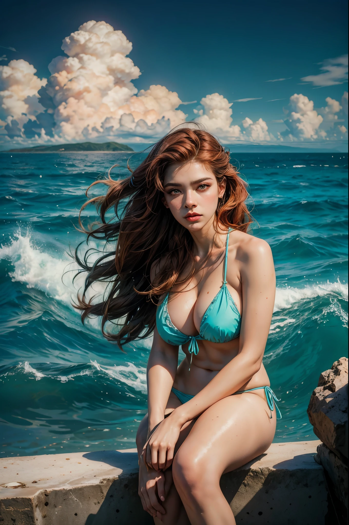 (best quality,4k,8k,highres,masterpiece:1.2),ultra-detailed,(realistic,photorealistic,photo-realistic:1.37),gorgeous redhead woman in bikini,beautiful detailed eyes,beautiful detailed lips,extremely detailed eyes and face,long eyelashes,curly vibrant red hair flowing in the wind,confident and radiant expression,radiant,flawless skin,fit and toned body,graceful and alluring pose,gentle waves caressing her feet,peaceful tropical island,overlooking the vast sea,turquoise blue water,white sandy beach,sun-kissed palm trees swaying in the breeze,majestic mushroom-cloud in the distance,dramatic red lighting in the sky,creating an apocalyptic atmosphere,dark storm clouds gathering in the horizon,mixture of calm and chaos,contrast of beauty and destruction,eerie backdrop enhances her vibrant presence,perfect harmony between nature and human,blissful and tranquil ambiance,enchanting paradise at the brink of the abyss.