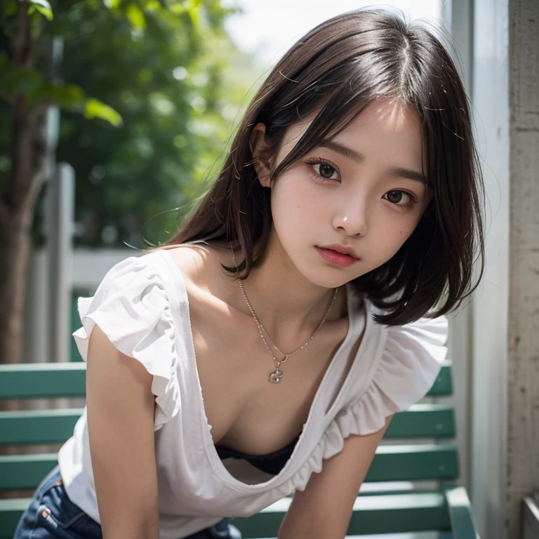 1girl, downblouse, yo, munechira, small breasts,  small chest,  looking away,  leaning forward,  expressionless,necklace,  casual  t shirt ,plus detailed frilled bra within, in school,