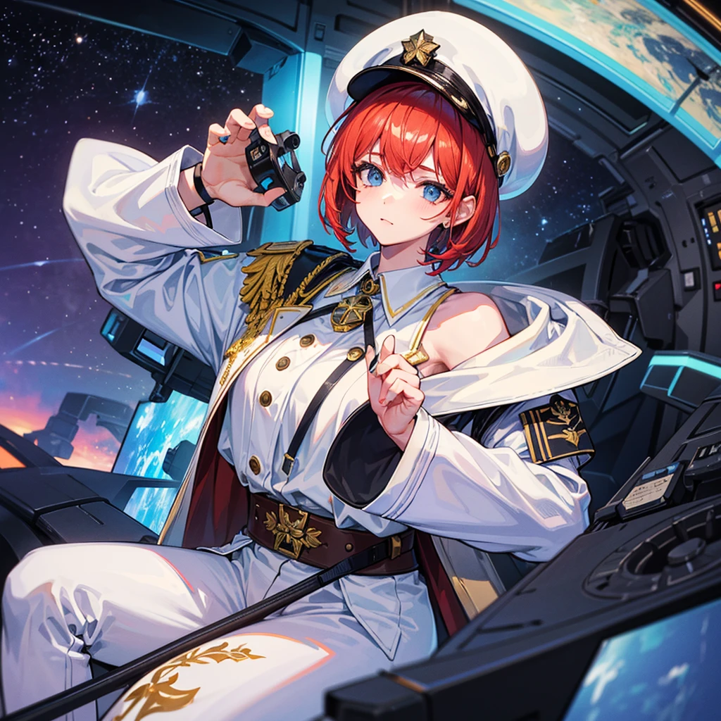 (((masterpiece、Highest image quality、highest quality、highly detailed unity 8kwallpaper)))、(Illustration of one woman)、30 years old、(Viceroy)、((Red-haired shorthair))、(Thin hair hanging down both sides of the face)、blue eyes、((tall))、((Muscle Woman、stocky build、muscular legs、broad shoulders、solid chest))、((Military uniforms))、((Military Cap))、((Military coat))、(white clothes)、(White pants)、(white hat)、trench coat、、(((manspreading、Sitting in the captain's seat)))、(((Inside a futuristic spaceship、Surrounded by instruments and monitors、The Universe on the Monitor、Earth seen from space)))