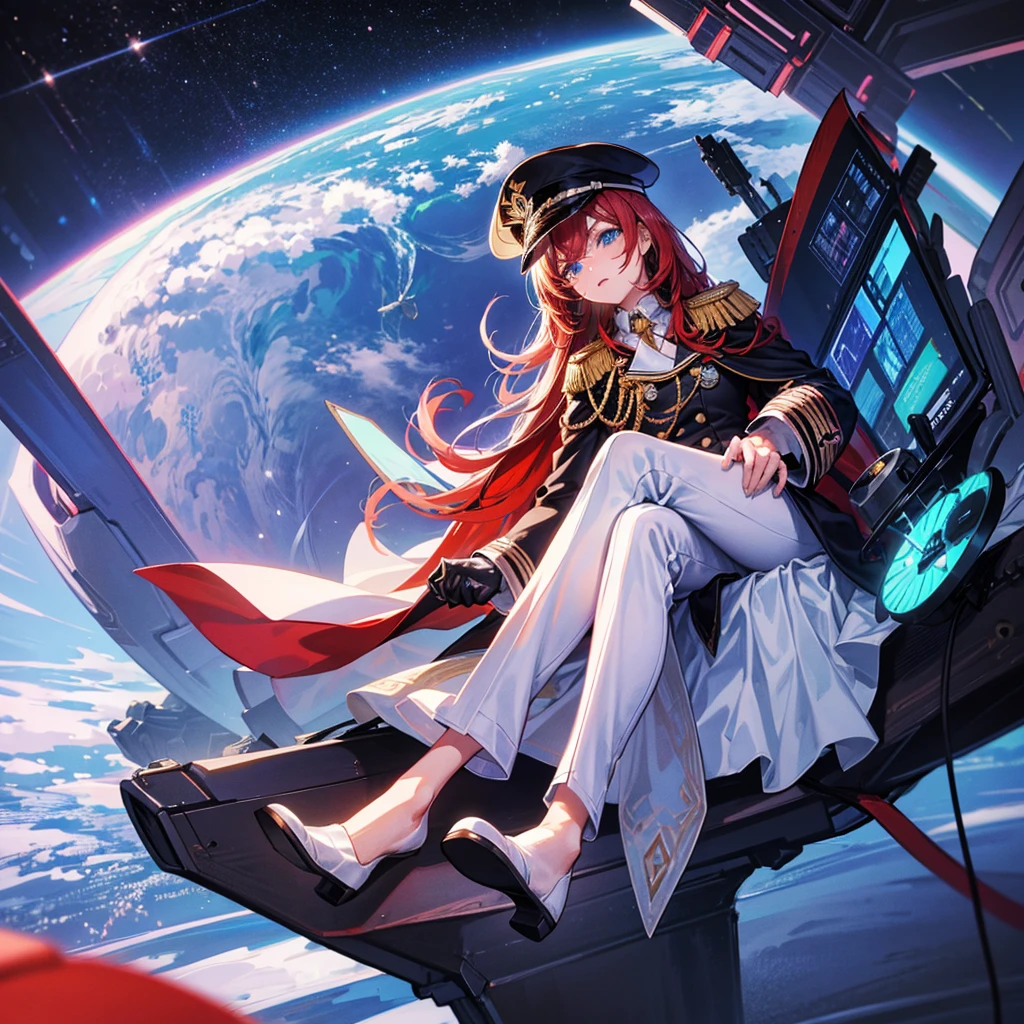 (((masterpiece、Highest image quality、highest quality、highly detailed unity 8kwallpaper)))、(Illustration of one woman)、30 years old、(Viceroy)、((Red-haired shorthair))、(Thin hair hanging down both sides of the face)、blue eyes、((tall))、((Muscle Woman、stocky build、muscular legs、broad shoulders、solid chest))、((Military uniforms))、((Military Cap))、((Military coat))、(white clothes)、(White pants)、(white hat)、trench coat、、(((manspreading、Sitting in the captain's seat)))、(((Inside a futuristic spaceship、Surrounded by instruments and monitors、The Universe on the Monitor、Earth seen from space)))