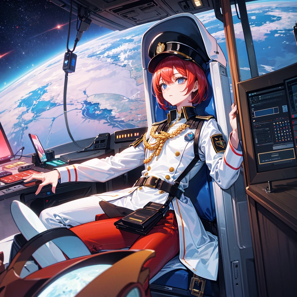 (((masterpiece、Highest image quality、highest quality、highly detailed unity 8kwallpaper)))、(Illustration of one woman)、30 years old、(Viceroy)、((Red-haired shorthair))、(Thin hair hanging down both sides of the face)、blue eyes、((tall))、((Muscle Woman、stocky build、muscular legs、broad shoulders、solid chest))、((Military uniforms))、((Military Cap))、((Military coat))、(white clothes)、(White pants)、(white hat)、trench coat、、(((manspreading、Sitting in the captain's seat)))、(((Inside a futuristic spaceship、Surrounded by instruments and monitors、The Universe on the Monitor、Earth seen from space)))