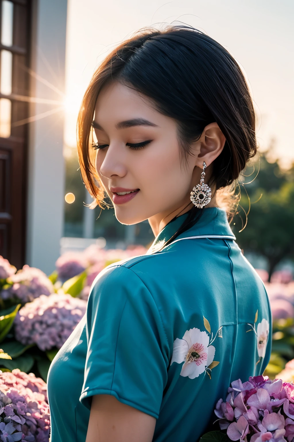 (((Upper body photo, medium shot)))), ((Single eyelid))),(Sunset backlight))),((Lens flare)),((Lens flare)),(In Chinese garden in china clothes)),((Super Soft Focus))))), smiling, (Profile)))))), (Eyes closed)))), twilight, showeringSurrounded by colorful hydrangeas, hydrangeas in the background, ((soft sunset)), (yinchuan:1.5), masterpiece, best quality, raw photo, photorealistic, face, beautiful girl, cute, short hair, (((depth of field)))), high resolution, ultra detail, fine detail, very detailed, cinematic lighting
