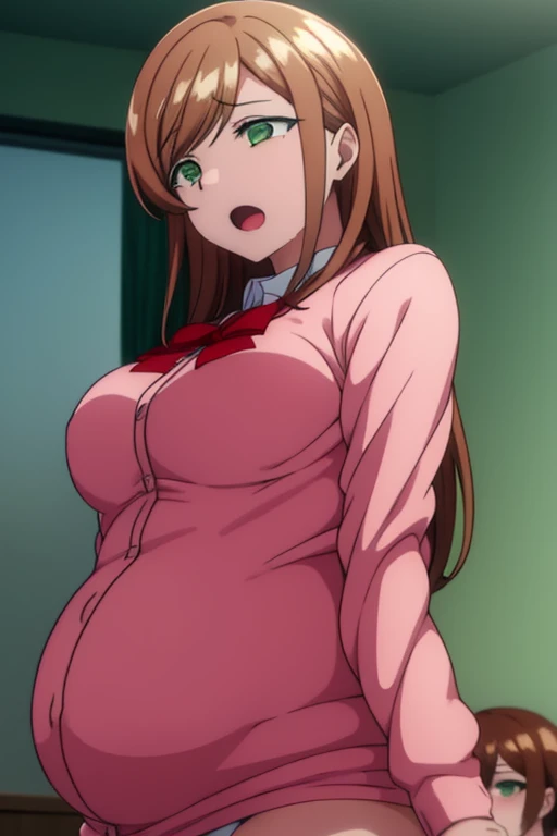 minakosanada, minako sanada, long hair, brown hair, (green eyes:1.5), BREAK long sleeves, bow, school uniform, bowtie, red bow, cardigan, pink cardigan, BREAK looking at viewer, BREAK indoors, classroom, BREAK (masterpiece:1.2), best quality, high resolution, unity 8k wallpaper, (illustration:0.8), (beautiful detailed eyes:1.6), extremely detailed face, perfect lighting, extremely detailed CG, (perfect hands, perfect anatomy), she is having contractions, bend over and holding her belly trying to endure the pain ,anime Pregnant Belly, Pregnant belly, holding belly, in pain face, labor contractions sweating, in pain, very bend down, open mouth, >oo<, pain face, giving birth, in labor pains