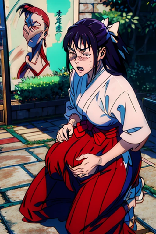 (masterpiece, best quality:1.2), solo, 1girl, iori utahime, miko, scar on face, expressionless, closed mouth, looking at viewer, sitting, hair bow, japanese clothes, red hakama, she is having contractions, bend over and holding her belly trying to endure the pain ,anime Pregnant Belly, Pregnant belly, holding belly, in pain face, labor contractions sweating, in pain, very bend down, open mouth, >oo<, pain face