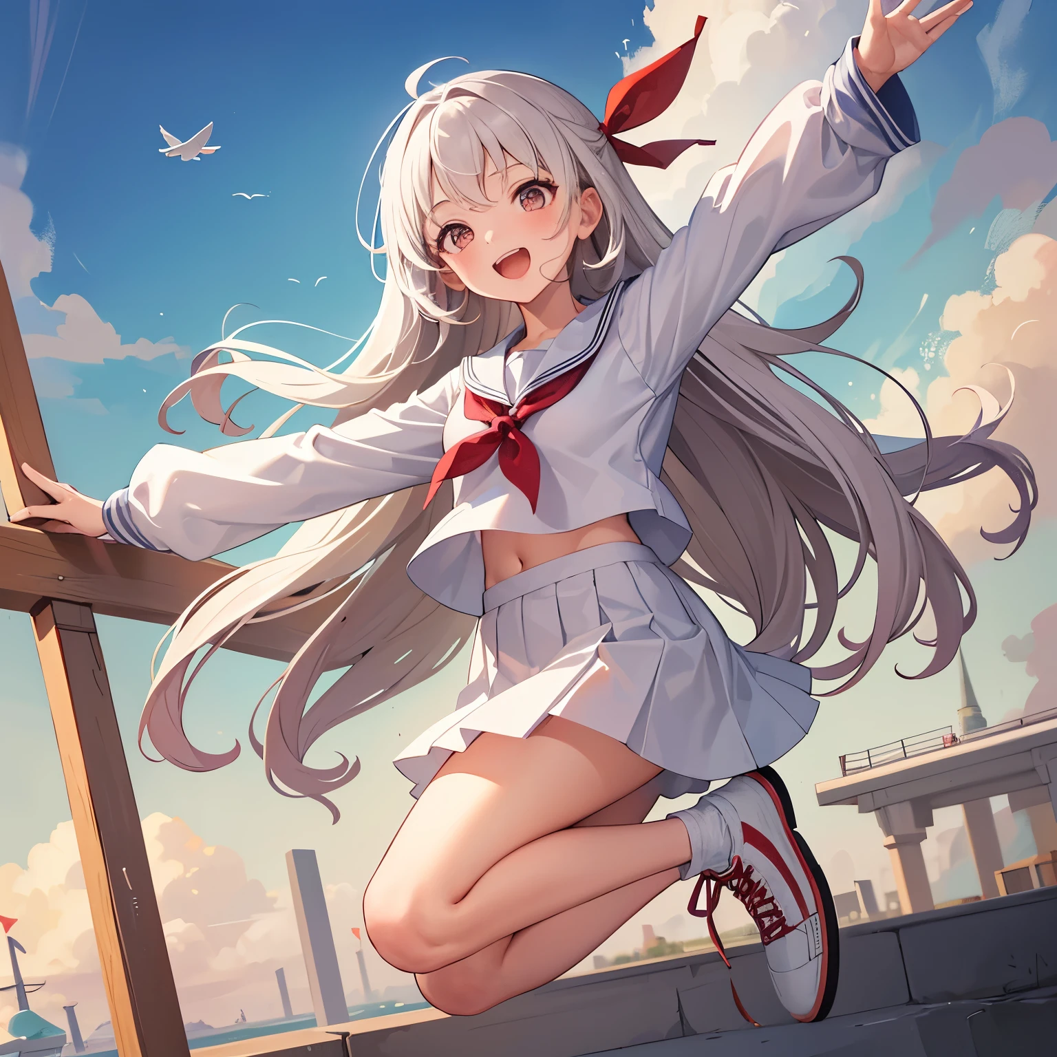 A girl wearing a white long-sleeved sailor suit、　brown colored long hair、red ribbon eyes、cute、No hat、jump、flying in the sky、Fly through the sky、fun、laughter、Laugh with a big mouth、From head to foot、sneakers、