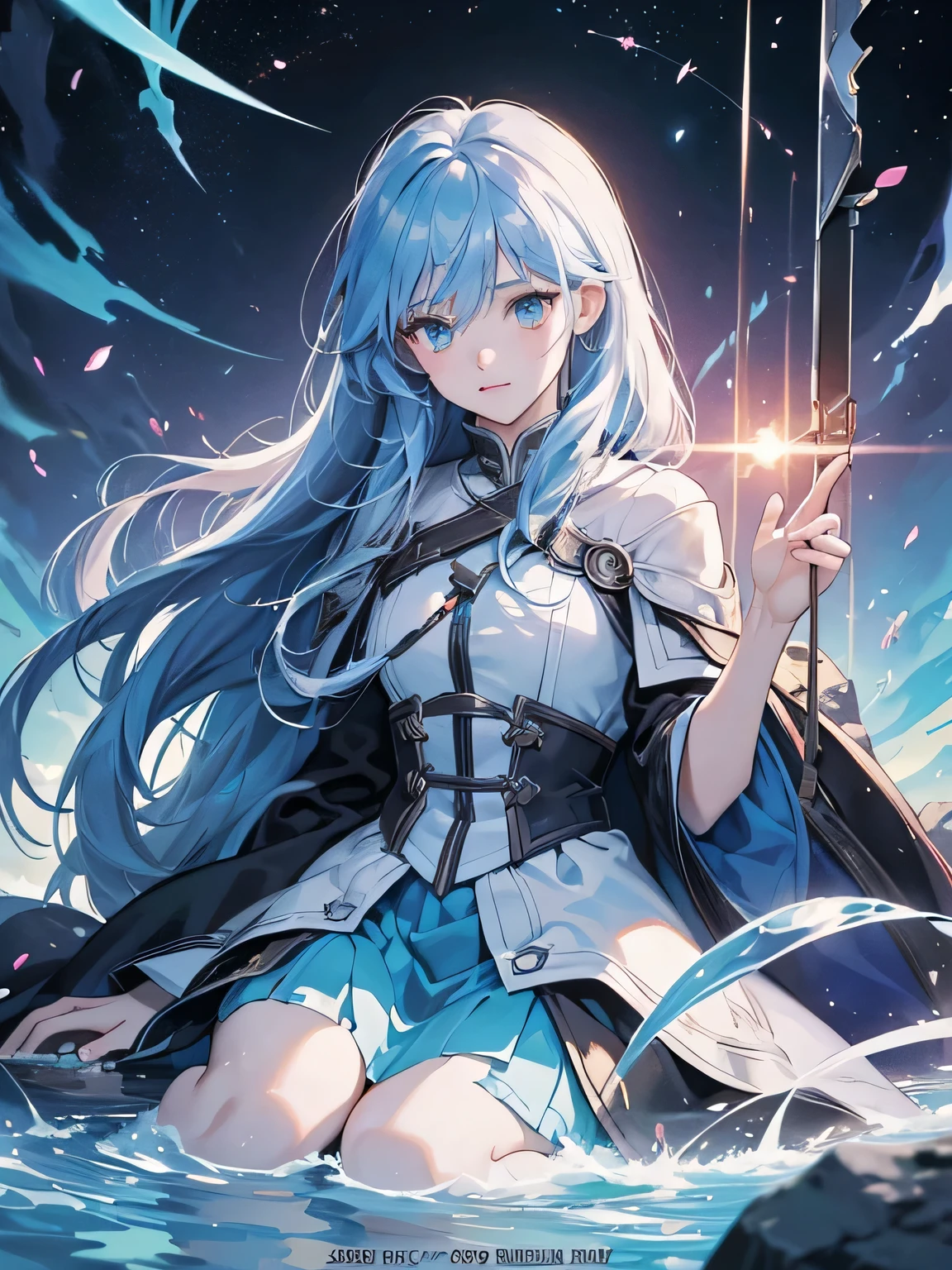 ((Best Quality, 8K, Masterpiece:1.3)), in the battlefiield, 1woman, adventure, fantasy, magic, water element, light blue Long Hair, princess, dawn sky, scar, injured, blood, defeat demon, shy, light novel cover art, detailed key anime art, epic light novel art cover, high quality fanart, zerochan art, artbook artwork, dreamy eyes, good ratio, good proportion, detailed property, detailed hand