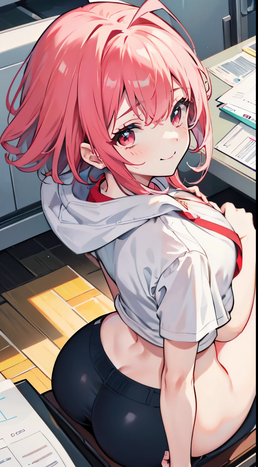 girl,short crop top,hot pants,Queen,Shake ack view,Cord,shackle,red eyes,No underwear,pink hair,big ass,Playful,stick out your tongue,Smile,sweat,secretion,Buttocks close up,sitting,Sit on the camera,back view,raised buttocks