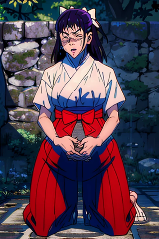 (masterpiece, best quality:1.2), solo, 1girl, iori utahime, miko, scar on face, expressionless, closed mouth, looking at viewer, sitting, hair bow, japanese clothes, red hakama, she is having contractions, bend over and holding her belly trying to endure the pain ,anime Pregnant Belly, Pregnant belly, holding belly, in pain face, labor contractions sweating, in pain, very bend down, open mouth, >oo<, pain face