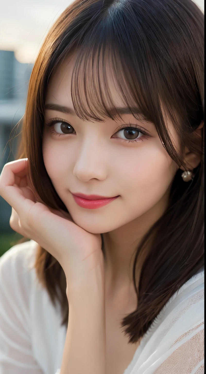 She looks happy when she sees this、casual clothes、Under the autumn sky、muste piece, best quality, illustration, Super detailed, fine details, High resolution, 8K Denden Wallpaper, perfect dynamic composition, beautiful detailed eyes, ladies fashion summer,bob hair,middle of chest, natural color lip, bold sexy pose,shy smile,Harajuku style、20 year old girl、cute type、sexy shot looking at camera