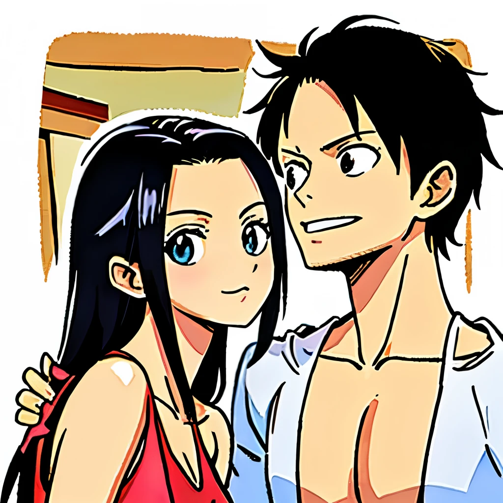masterpiece, best quality:1.3), 1boy and 1girl, Side by side, Group photo, intimacy, Look at each other, indoor background, onepiece, monkey d Luffy, boa Hancock,