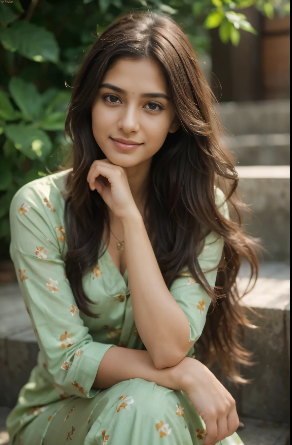Beautiful ,23 years young Indian girl healthy, confidential looking,8k,realistic, raw photo,dark brown hair,fair skin, indian,long hair,clear facial features,, very detailed, 23years old, innocent face, natural wavy hair, high resolution, masterpiece, best quality, intricate details, highly detailed, sharp focus, detailed skin, realistic skin texture, texture, detailed eyes, professional, 4k, charming smile, shot on Canon, 85mm, shallow depth of field, kodak vision color, perfect fit body, extremely detailed, foto_\(ultra\), photorealistic, realistic, post-processing, maximum detail, roughness, real life, ultra realistic, photorealism, photography, 8k uhd, photography wearing Green printed salwar suit, namaste pose|Graceful smile|Starry sky, sitting on stairs