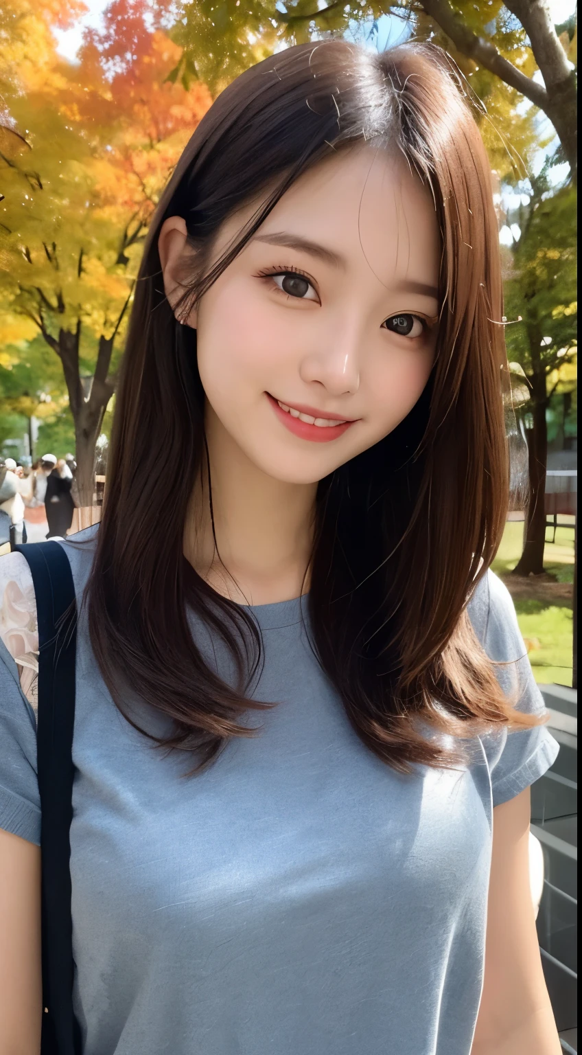 She looks happy when she sees this、casual clothes、Under the autumn sky、muste piece, best quality, illustration, Super detailed, fine details, High resolution, 8K Denden Wallpaper, perfect dynamic composition, beautiful detailed eyes, ladies fashion summer,bob hair,middle of chest, natural color lip, bold sexy pose,shy smile,Harajuku style、20 year old girl、cute type、sexy shot looking at camera