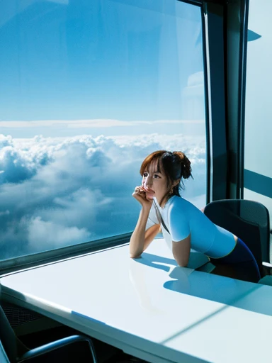 high quality、high resolution photos、technology, nature and people々The spirits of are in perfect harmony、A futuristic city that looks like a bright science fiction movie、blue sky、White cloud、The interior of a white private room that looks like something out of a science fiction movie、comfortable space、large glass window、breakfast on the table、A beautiful woman in a white bodysuit sits on a chair、looking at the monitor