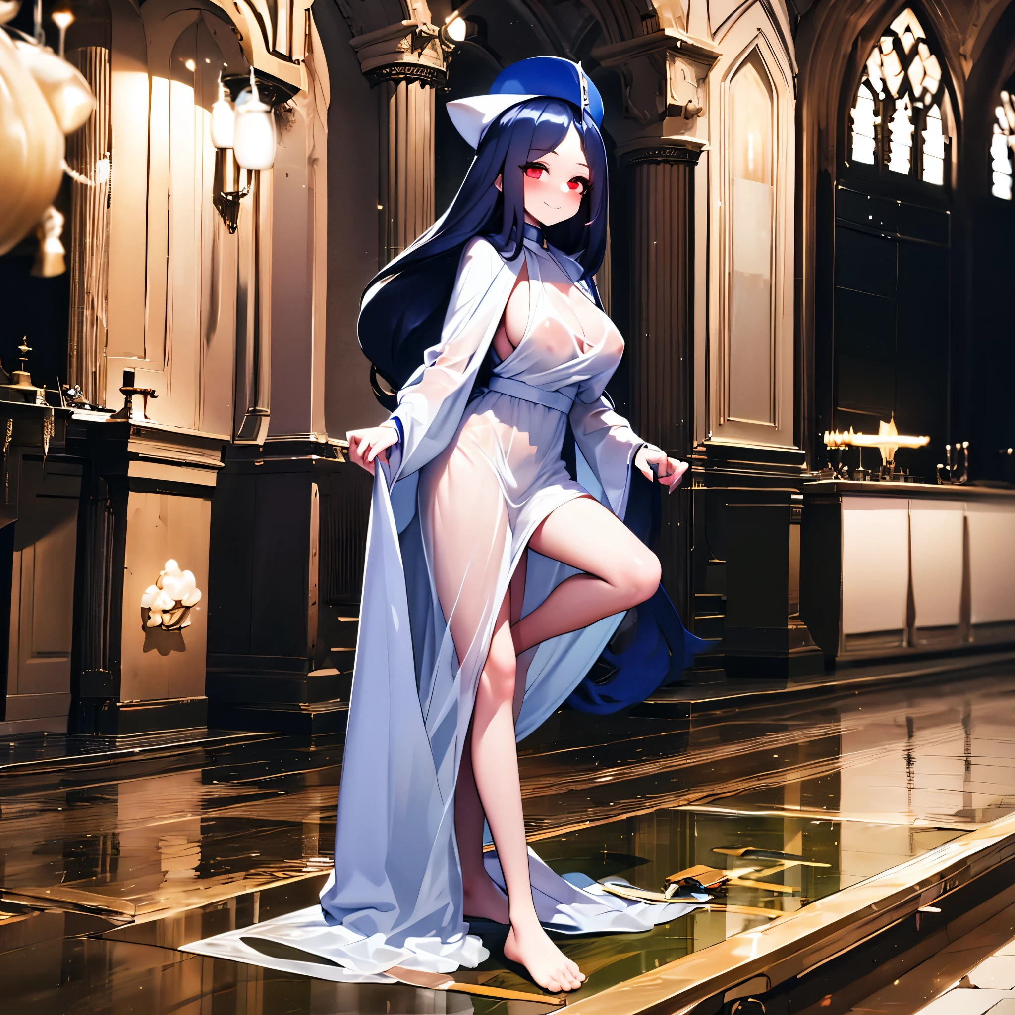 solo 1 thin girl standing, priest, (white see-through robe:1.4), large breasts, thin long legs, glowing red eyes, smile for viewer, nose blush, full body