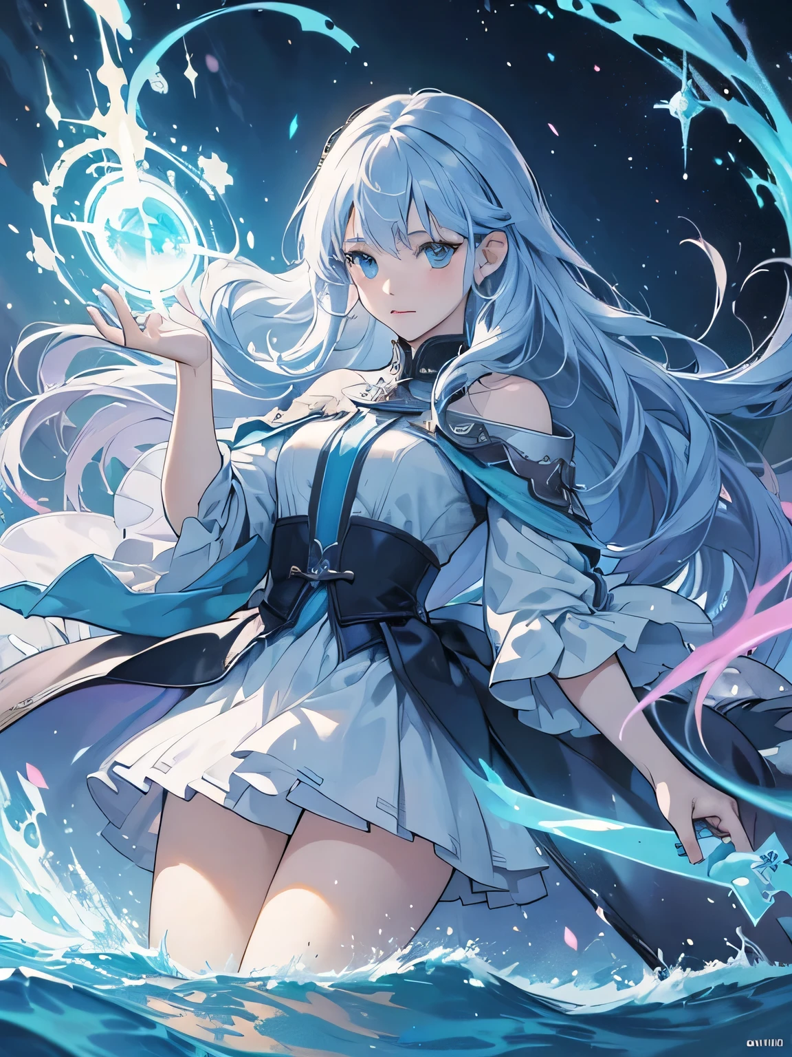 ((Best Quality, 8K, Masterpiece:1.3)), in the battlefield, 1woman, adventure, fantasy, magic, water element magic, light blue Long Hair, princess, dawn sky, spell magic, injured, blood, shy, light novel cover art, detailed key anime art, epic light novel art cover, high quality fanart, zerochan art, artbook artwork, dreamy eyes, good ratio, good proportion, detailed property, detailed hand