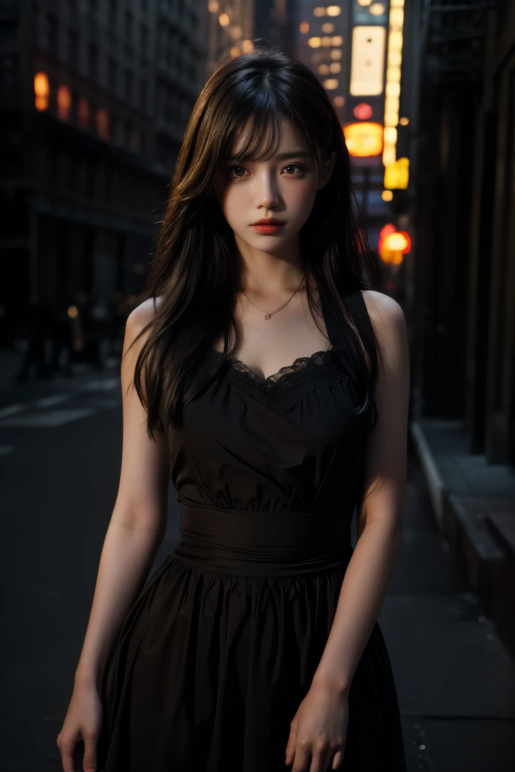 1girl, (looking at viewer:1.2), detail face,  (a girl standing, rending on cgsociety, black shadows, streaming, new york backdrop), romanticism, atmospheric, (RAW photo, best quality), (realistic, photo-realistic:1.3), masterpiece, an extremely delicate and beautiful, extremely detailed,