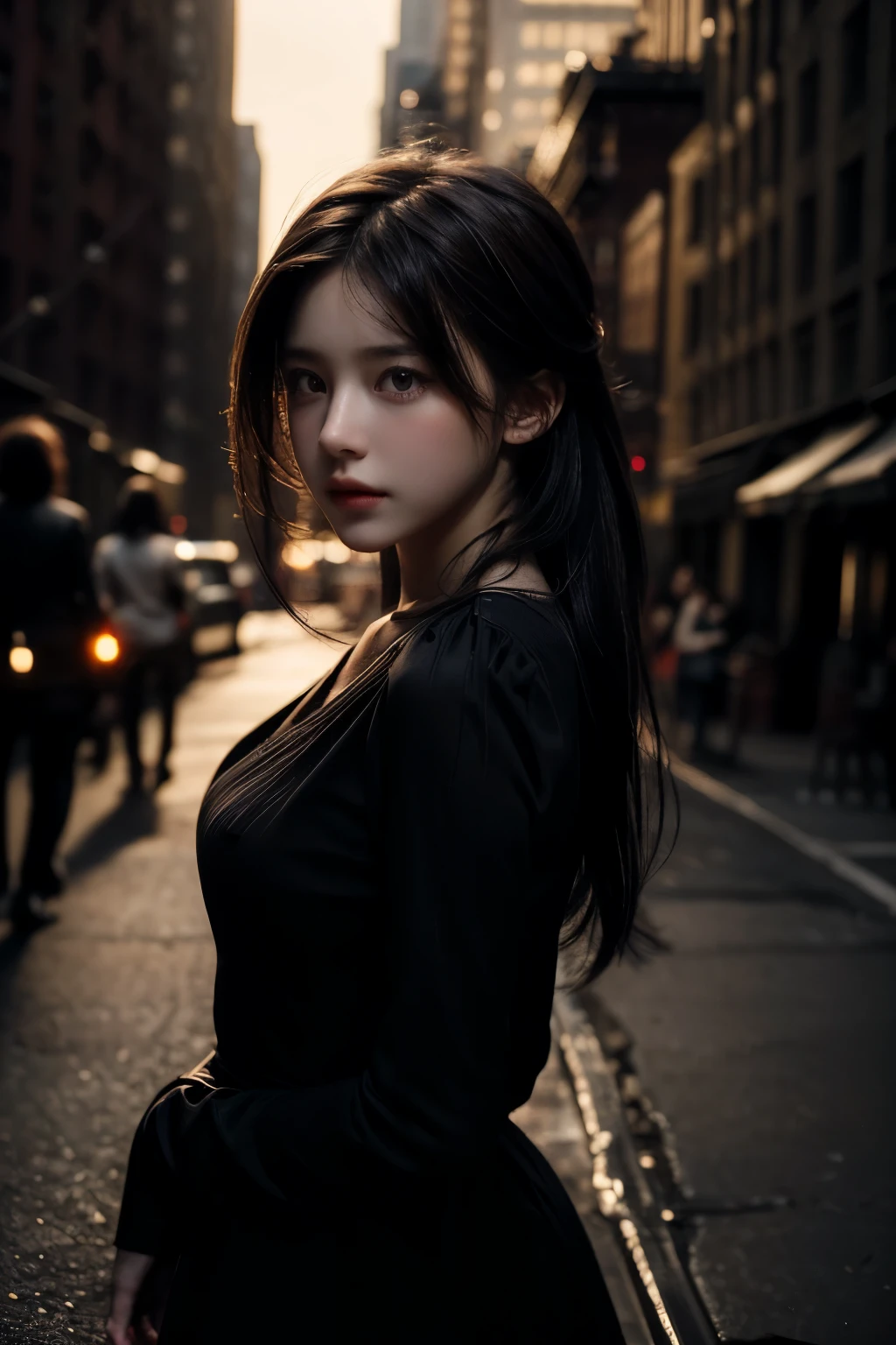 1girl, (looking at viewer:1.2), detail face,  (a girl standing, rending on cgsociety, black shadows, streaming, new york backdrop), romanticism, atmospheric, (RAW photo, best quality), (realistic, photo-realistic:1.3), masterpiece, an extremely delicate and beautiful, extremely detailed,