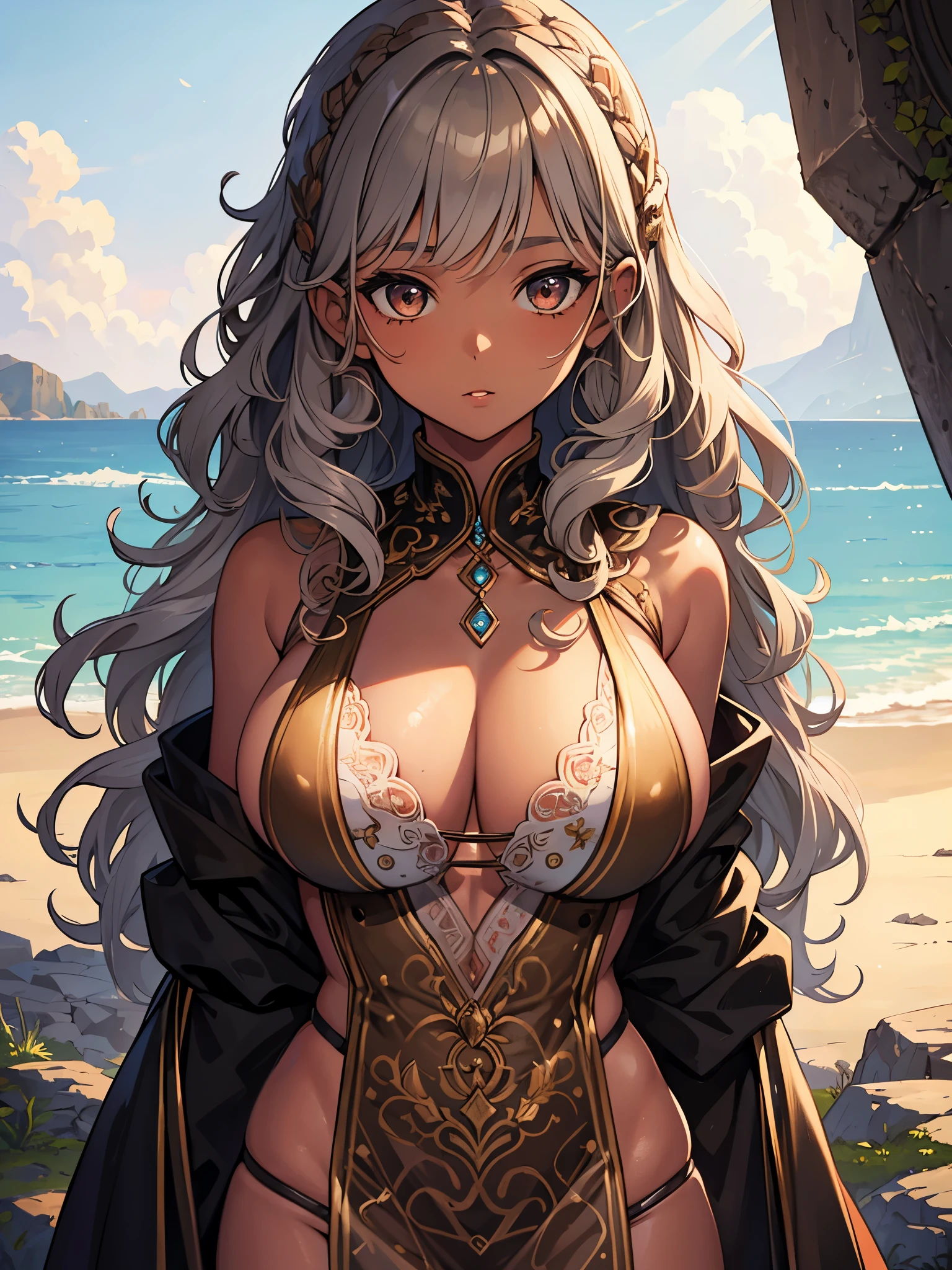 masterpiece, best quality, ultra detailed, illustration, 1 girl, brown skin, grey hair, pixie cut, curly hair, large breast, brown eyes, beautiful detailed eyes, delicate beautiful face, hunter costume, vulgarity, outdoors, arms behind back
