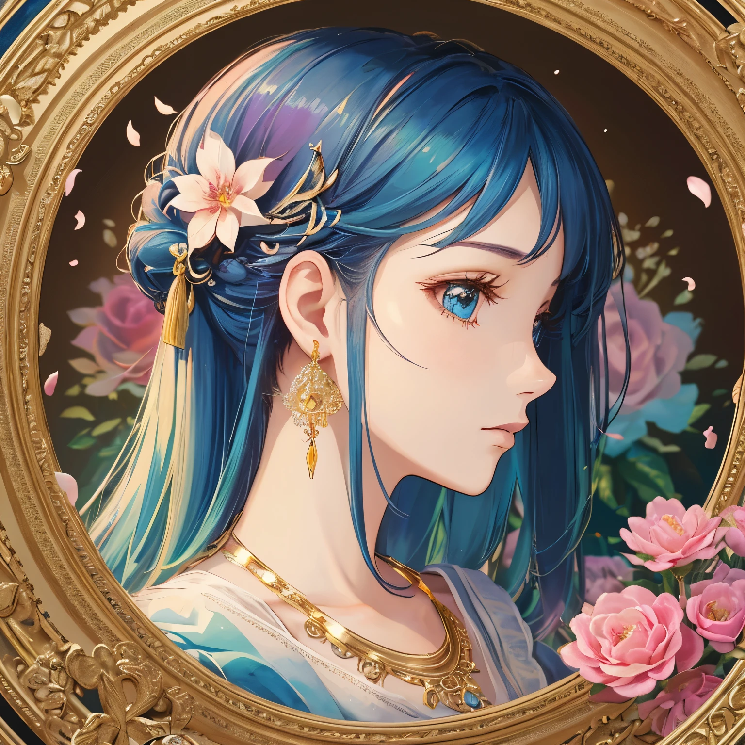 1 lady、(masterpiece、highest quality、highest quality、beautiful and aesthetic:1.2)、(fractal art:1.3)、round picture frame、rainbow colored hair、Shining jewelry hair ornament、petal、Detailed flowers、detailed jewelry、Geometric pattern、Based on the concept of an elegant woman、Complementary color scheme, 逸脱のmasterpiece、profile、gorgeous