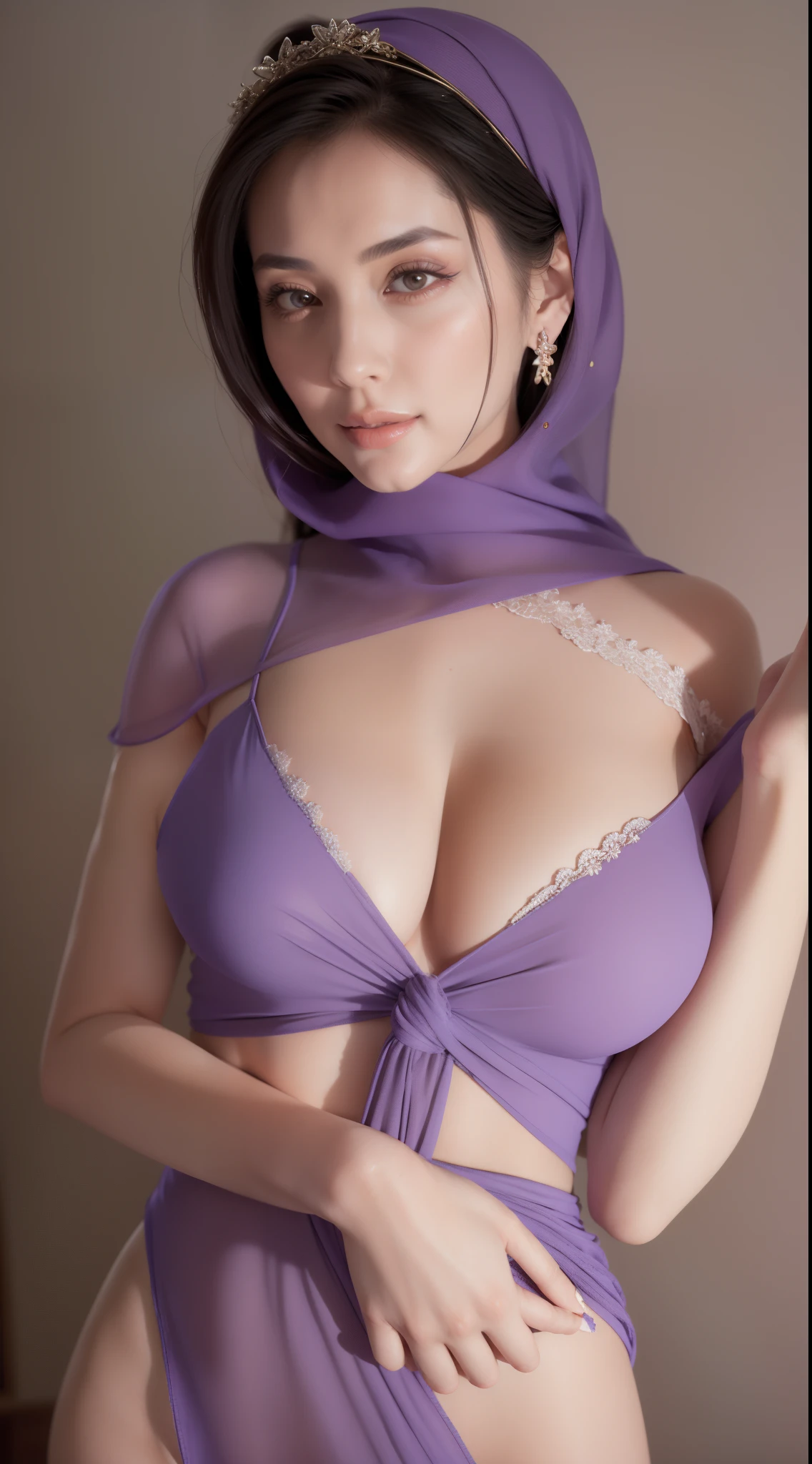 a close up of a woman wearing a purple dress and a hijab, beautiful arab woman, beautiful oriental woman, busty, arabian beauty, with large breasts, no bra, no cloth, arab young monica belluci, large breasts size, with beautiful exotic, malaysian, beautiful iranian woman, sie boob, beautiful asian girl, beautiful asian woman, hand touch breast, no underwear