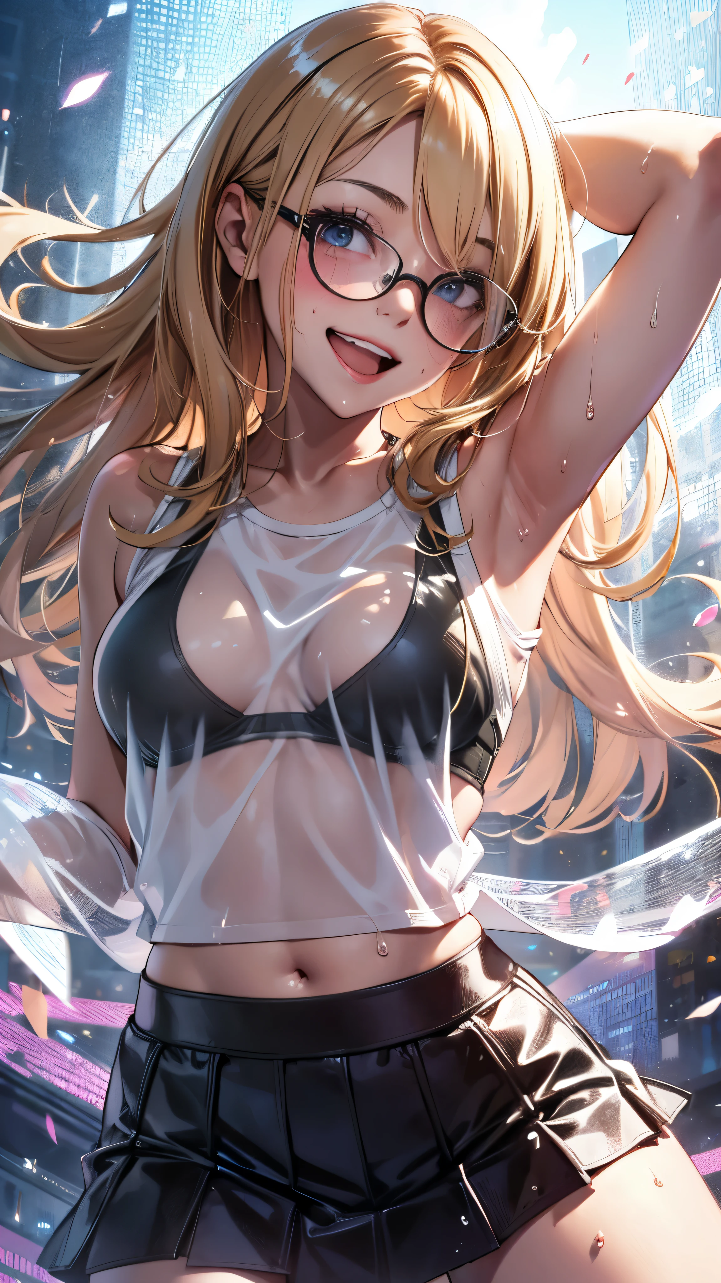 1 female,golden hair,25 years old,(((blue shiny micro tight skirt)))((white tank top))(((blush、open mouth smile)),(((straight hair))),(((portrait))),crowd,,(wet with sweat)(sexy black bra and see-through tank top)(Glasses)(((small breasts)))