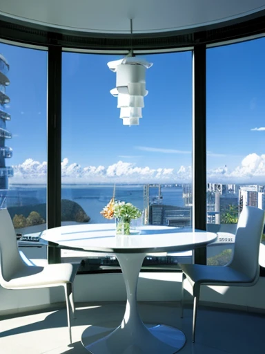 high quality、high resolution photos、technology, nature and people々々The spirits of are in perfect harmony、A futuristic city that looks like a bright science fiction movie、blue sky、White cloud、The interior of the white private room looks like something out of a science fiction movie.、comfortable space、large glass window、breakfast on the table、A beautiful woman in white room clothes is sitting on a chair、All designs are futuristic。