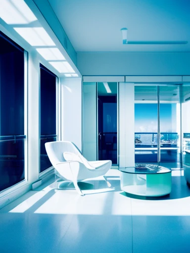 high quality、high resolution photos、technology, nature and people々々The spirits of are in perfect harmony、A futuristic city that looks like a bright science fiction movie、blue sky、White cloud、The interior of the white private room looks like something out of a science fiction movie.、comfortable space、large glass window、breakfast on the table、A beautiful woman in white room clothes is sitting on a chair、All designs are futuristic。