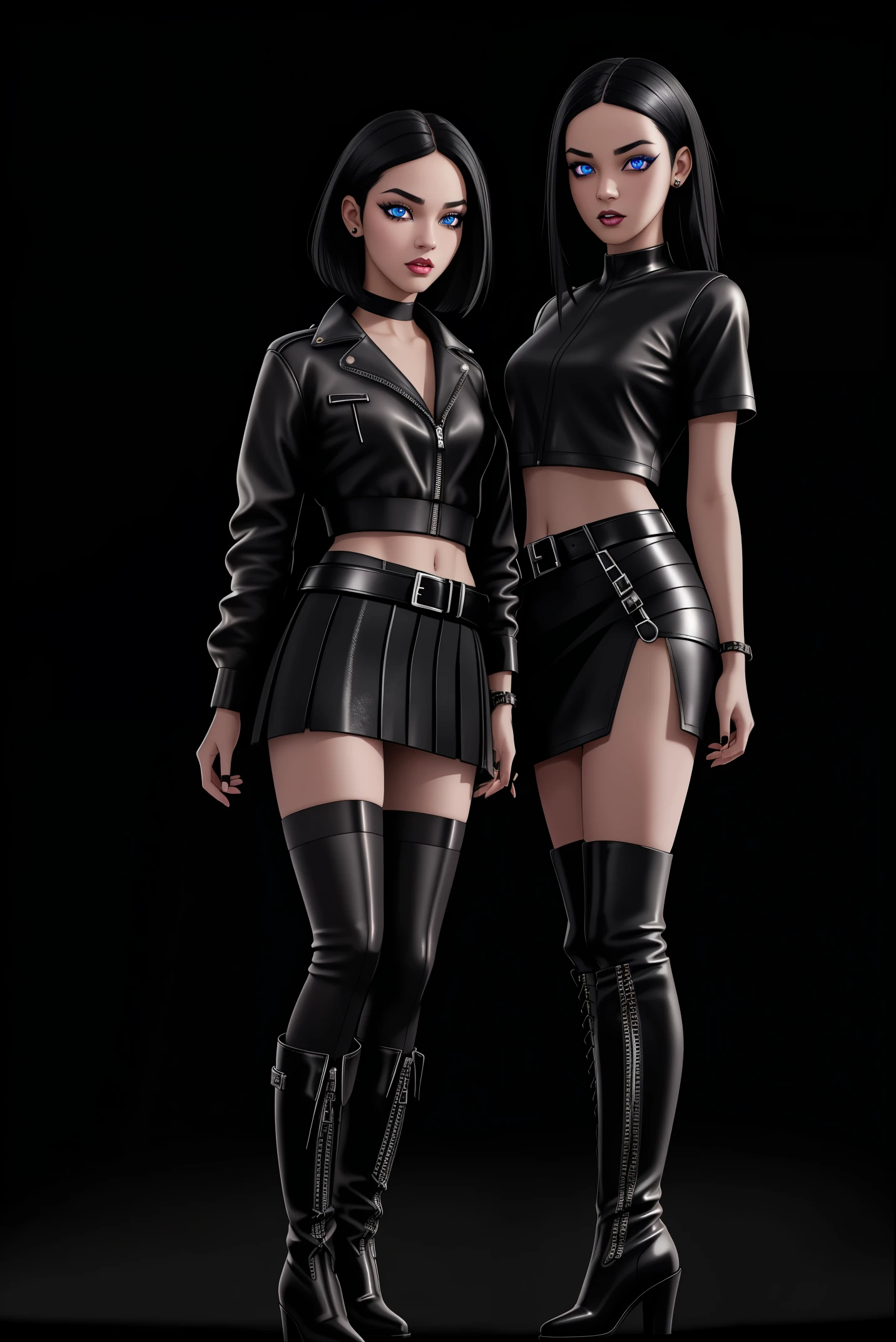 beautiful girl, ((standing:1.4)), (confident gaze:1.1), full body, short bright neon streaked black hair, ((realistic highly detailed eyes:1.4)), ((seductive pose:1.2)), black eyeshadow, (street style wear:1.2), ((short skirt)), ((knee high leather boots)),((dark plain black background:1.4)), dark makeup, digital art, trending on artstation, highly detailed, fine detail, intricate, detailed facial features, sharp focus, smooth, aesthetic,