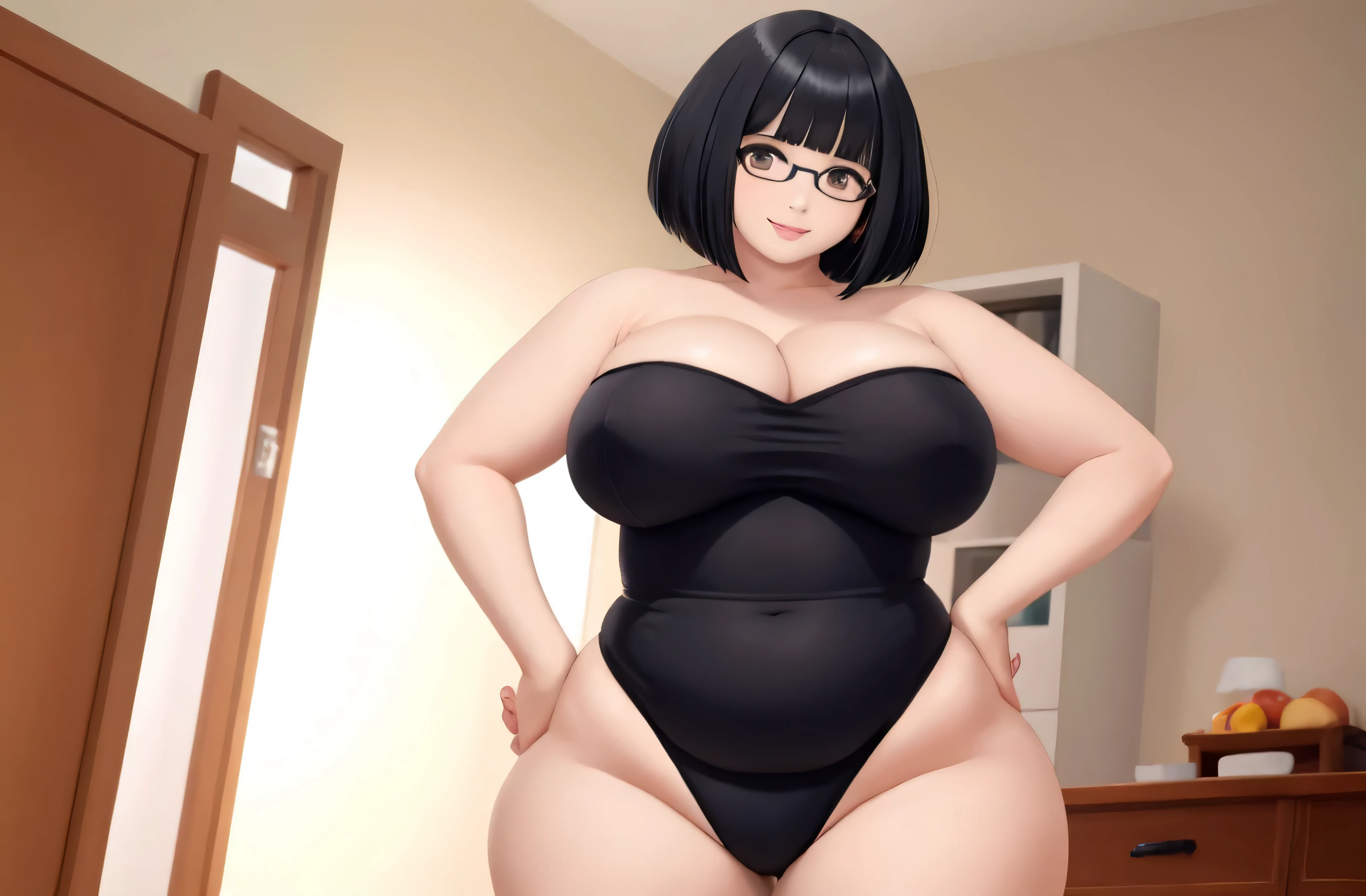 loli, black bob haircut, very natural tan, indigena, eyeglasses, peito liso, labia majora, latex highleg strapless leotard, batom, cabelo longo, orelhas de gato loiro, cabelo multicolorido, cauda listrada, cabelo ondulado, colarinho de sino, sardas, sorriso leve, Curvy, muito gordo, (quadris largos:1.3), coxas enormes, grossas e macias, SSBBW, very fat flabby arms, realistic lighting, High detail, qualidade hd, rosto detalhado, Sombreamento realista, rolos de gordura, massive size, gigantescos enormes seios transbordando de gordura, massive cleavage, Pesado, plussize, everything is fat, textura macia, olhos grandes bonitos, semi-realista, Dynamic angle, pattern clothes, Super Obeso, corpo pastoso