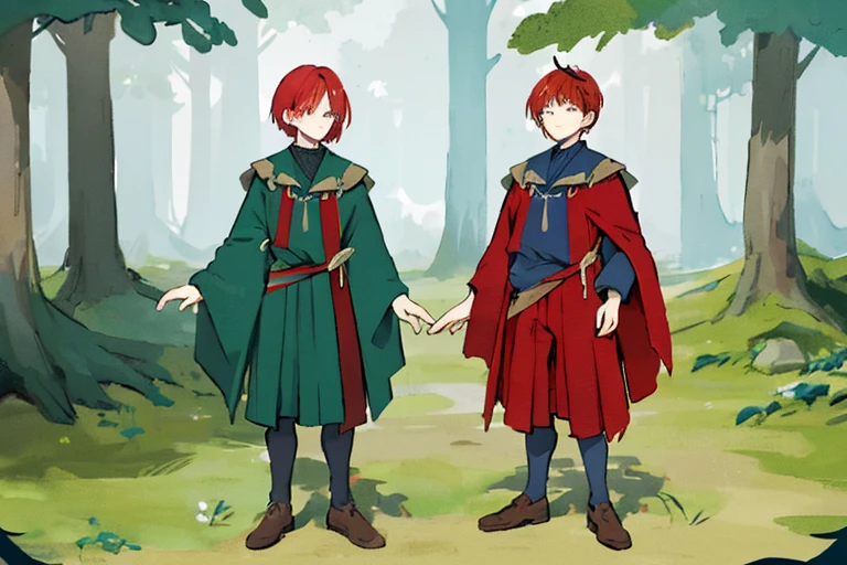 ((character concept art)), Video game character design, Detailed male with red skin,navy blue hair, Two thin horns,Dressed as a druid,illustartion,Realistic,Harmonious colours,natural lighting,Forest setting, green clothes