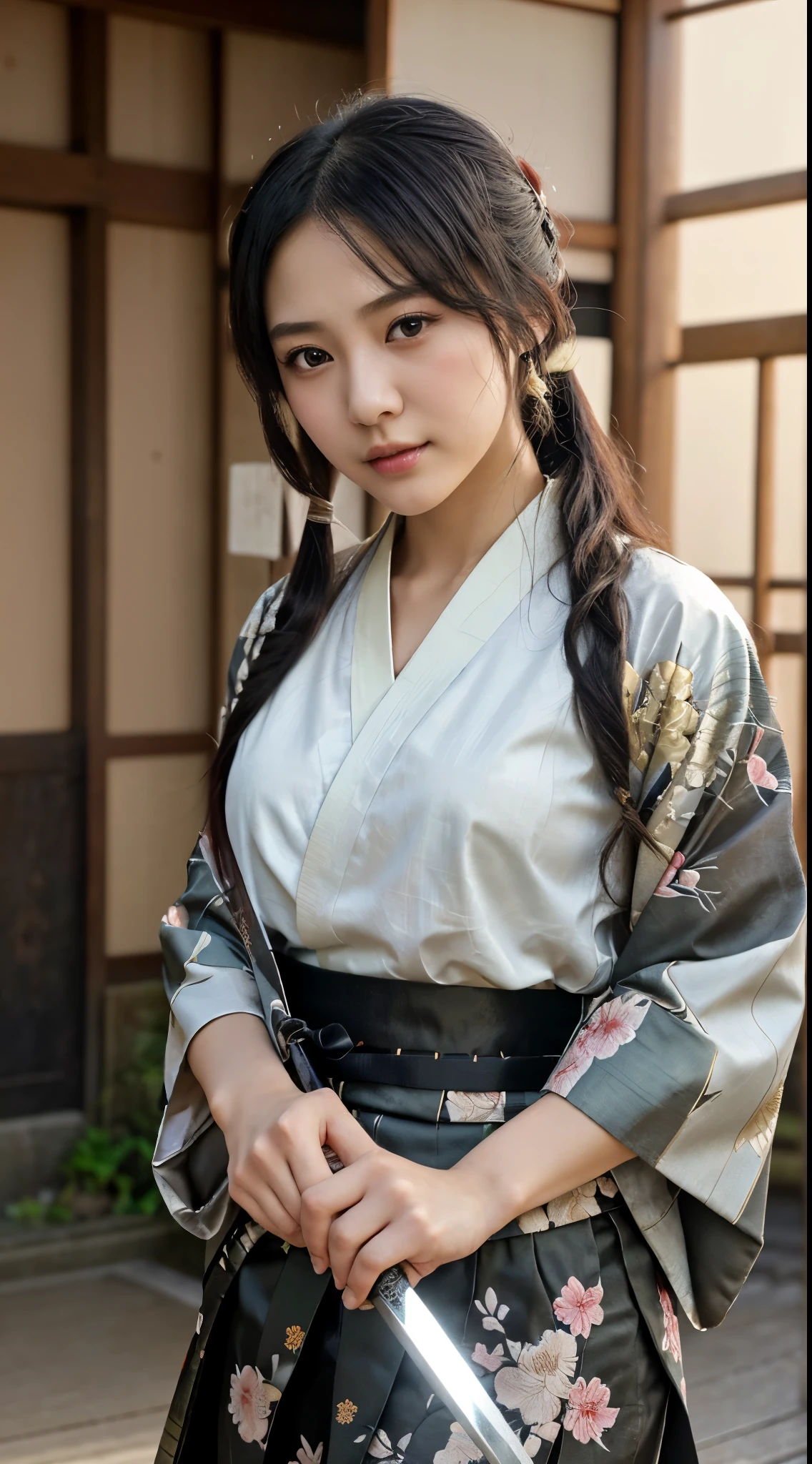 最high quality、high quality、best image quality、8K、最High resolution、High resolution、最high quality、masterpiece、Raw photo、realistic atmosphere、(detailed face)、(fine hands、thumb1reference4)、(beauty of japan )、very nice face、cute face、((beautiful japanese girl))、(japanese woman), ((18 year old beautiful girl))、(glossy black hair)、(straight long hair)、(ponytail)、whole body、slim style、(shiny skin)、(Fair skin, Glossy skin)、real human skin、realistic human body structure、perfect body, perfect face, perfect hands, perfect finger, perfect lips, perfect eyes,perfect teeth、perfect background, perfect atmosphere, natural soft light、photon mapping、warrior、warrior、Japanese swordsman、swordsman、((Japanese swordを持つwarrior girl))、(warrior costumeを着た女の子)、warrior girl、Japanese sword、japanese traditional、wear a military commander's kimono、((Japanese sword(A gently curved long sword))、Women influenced by Miyamoto Musashi、Women influenced by Oda Nobunaga、Women influenced by Sengoku warlords、((鋭いJapanese swordを持つ女の子))、((Random color metallic with floral pattern(samurai kimono、Hakama with slit))、Movements that reflect the combat techniques cultivated as a samurai、battle pose