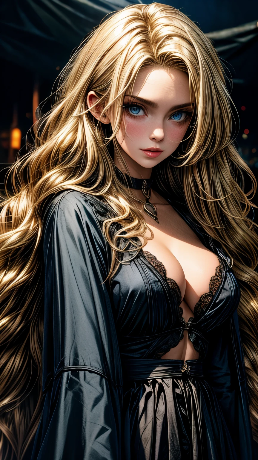 Beautiful woman, blonde hair, blue eyes, natural perfect breast, cleavage, highly detailed, Old London,hazy background, dark atmosphere, dark colors, darktoon, dark makeup, horror,