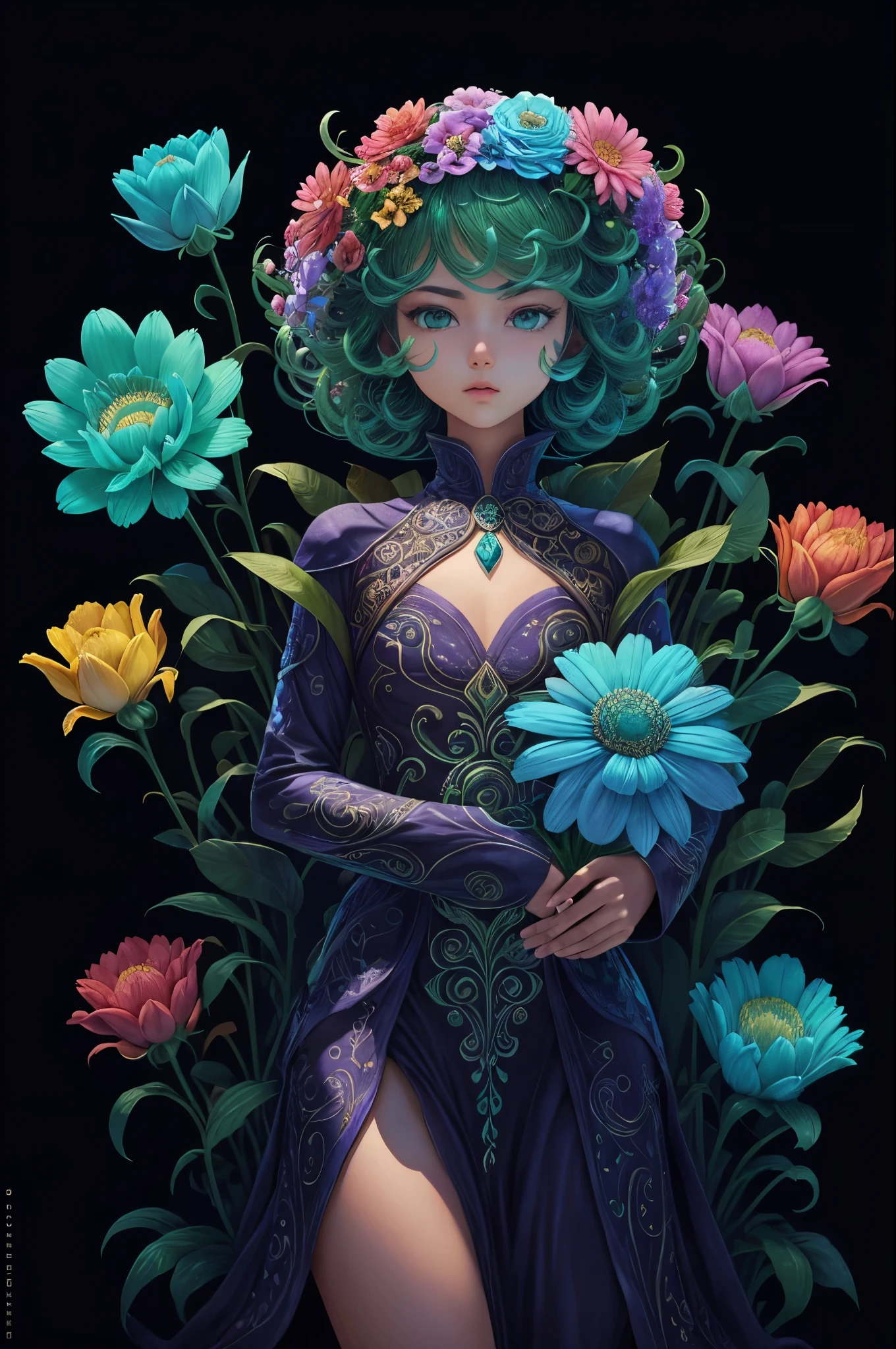 title: Extraterrestrial Botanical EncounterYou are an accomplished digital artist., who found himself on an incredible interstellar journey.. Exploring a distant alien planet, you come across a spectacular field of colorful flowers with long stems, unlike anything on earth.. These exotic flowers radiate an enchanting brilliance, and their unique beauty beckons you to capture their essence in a series of breathtaking images..Your goal is to create a series of high-quality images, showcasing these extraordinary flowers, neatly arranged in five rows of eight plants each.. The composition will be placed on a bright black background, to highlight radiant colors.. also show these flowers in a bouquet. The key to this project is depicting flowers in a photorealistic style.., maintaining its otherworldly appeal, while they seem to belong to our own kingdom.For this, you must carefully study the intricate details of each flower, so that not a single nuance is overlooked.
