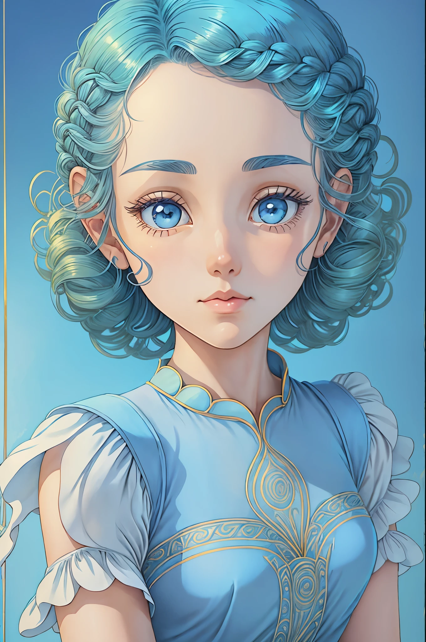 flower girl in eco-friendly couture clothing in vintage anime style beautiful symmetrical face pale skin blue short hair and braids airy curly hair almond-shaped golden eyes detailed line art fine details exquisitely eco-friendly atmosphere of soft blue and yellow pastels free full-length pose