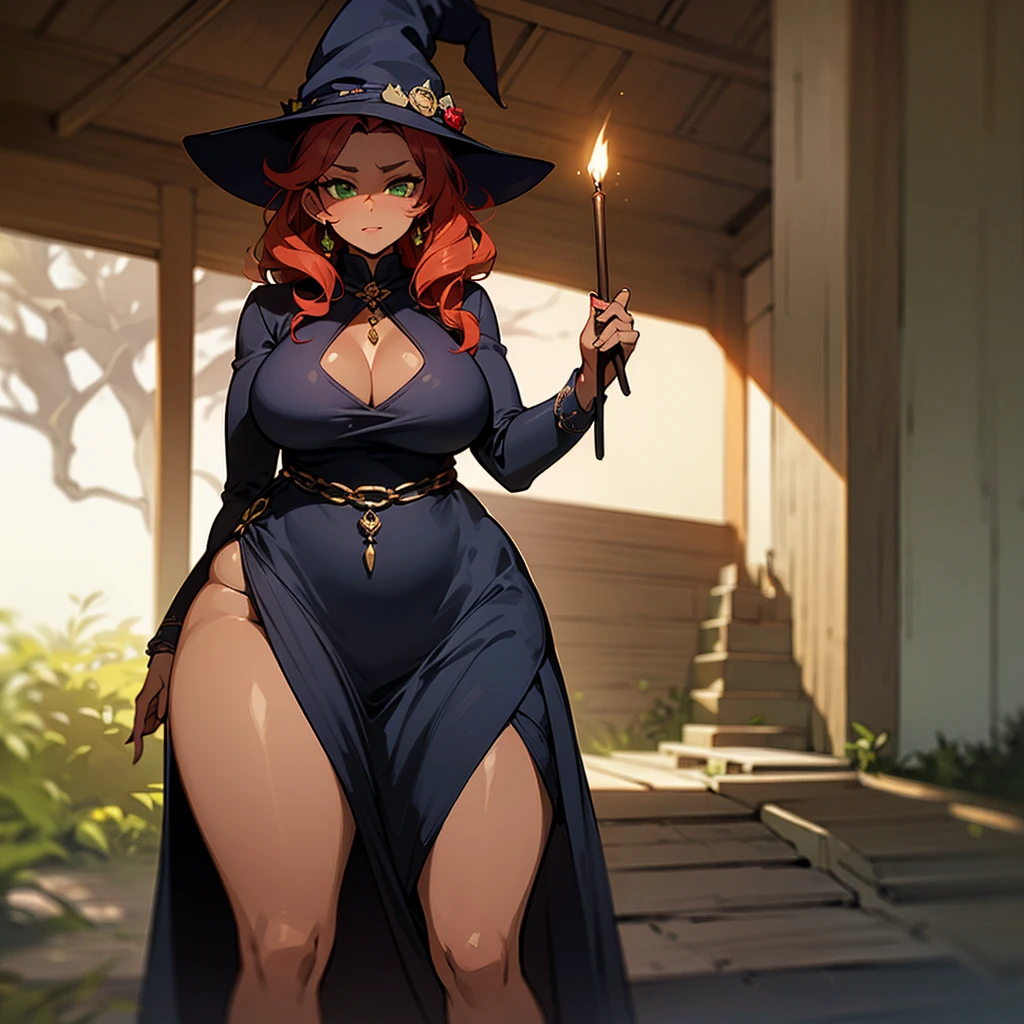 (((Dark Skin Woman))),(((Wearing a cottage style dress))),(((wearing a witch's hat))),(((Red wavy hair))),(((Lime green eyes))),(((Curvy body))),(((Alone)))