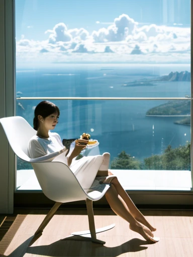 high quality、high resolution photos、technology, Nature and the spirit of the people are in perfect harmony、A futuristic city that looks like a bright science fiction movie、blue sky、White cloud、The interior of the white private room is a cozy space that looks like something out of a science fiction movie.、large glass window、breakfast on the table、A beautiful woman wearing a white loungewear is sitting on a chair、All designs are rational and simple、
