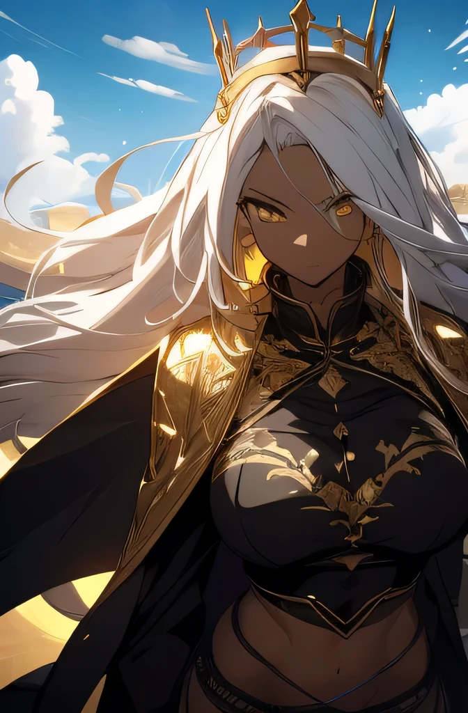 (looking at pov) highly detailed face, realistic face, (oversized clothes:1.2), miniskirt, (dark coat with ornate golden embroidery, golden embellished), (white hair, golden streaks on hair), yellow eyes, thigh strap, (neo city), (clouds), add_detail:1, hair over one eye, largest_breasts!!, (ultra-detailed), hyper details, (intricate details), (cinematic light, best quality Backlightrom pov, perfect body, ), (crown: 1.1), Proud, high contrast, (best illumination, an extremely calm and beautiful),, brown skin, Daylight, 1girl, gold skin, jujutsu kaisen style, (masterpiece), best quality, Character casting a powerful magical spell., , Energy radiating from the character's body., Intense concentration on the character's face.