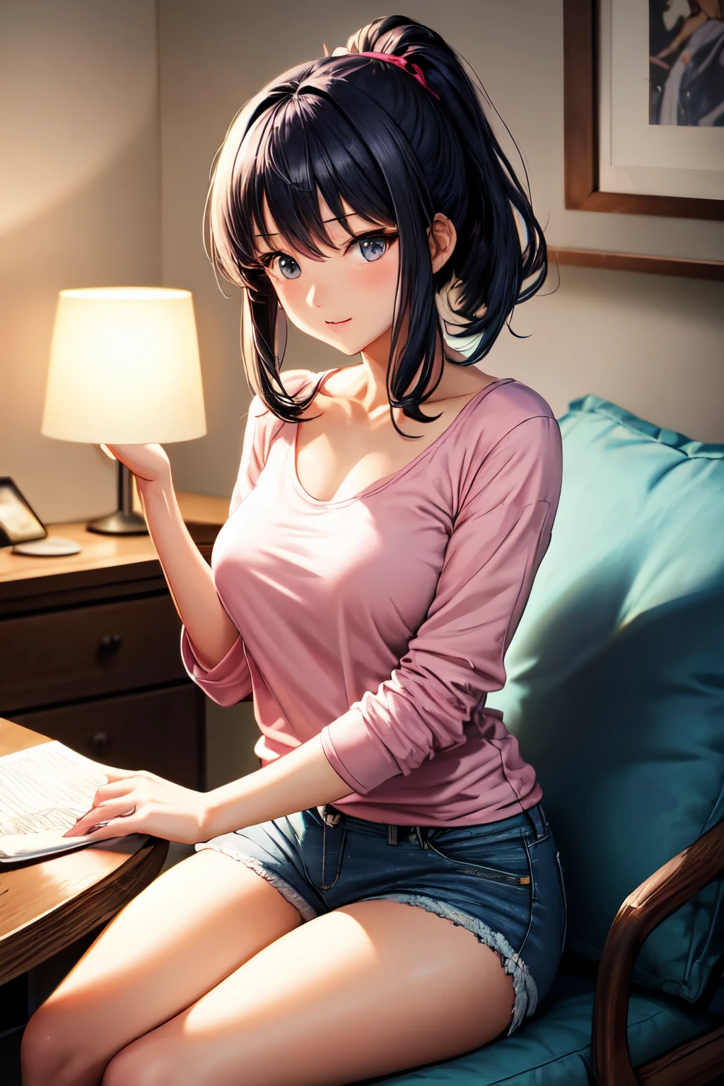 Girl with headphones enjoying music in a home I am studying Emphasize a little bit of the big chest Looking towards me with eyes closed Night Background