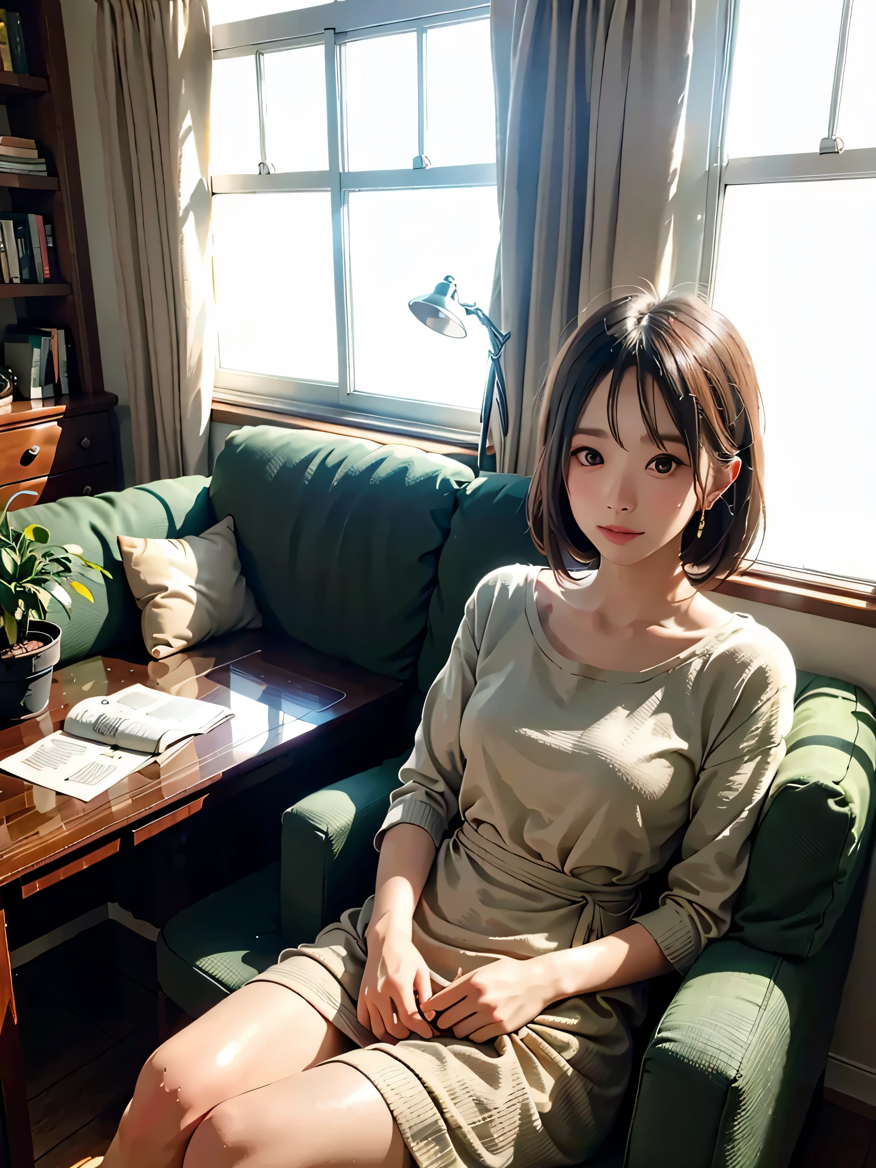 living room, couch, window, curtains, dappled sunlight, potted plant, table, cabinet,bookshelf, paper, desk lamp, typewriter, girl sitting on sofa