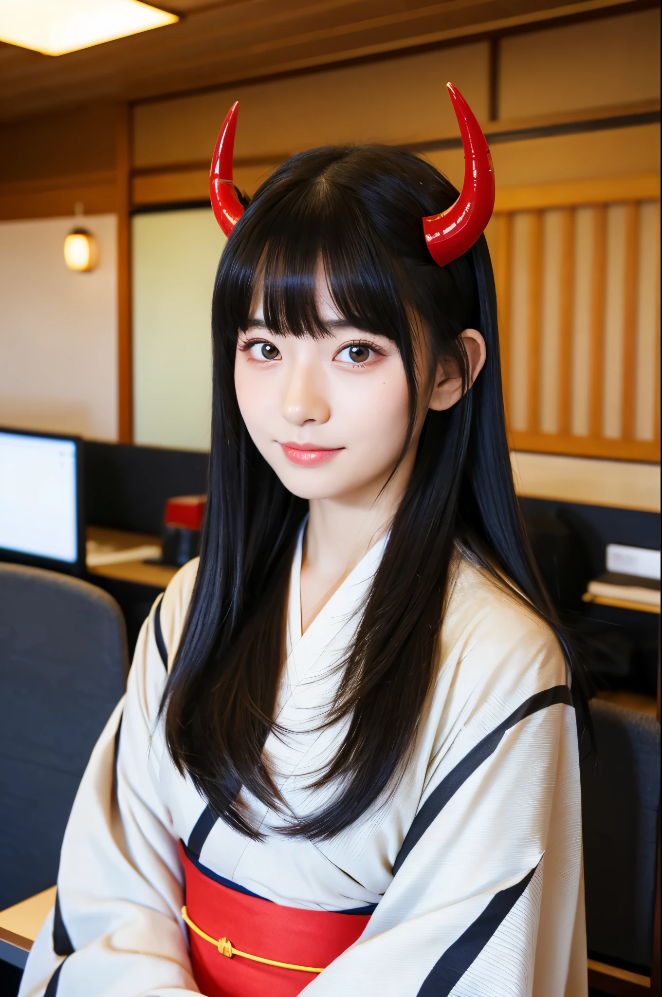 black haired woman, kimono, long hair, sweet look, red eyes, small2horns, Inside the Japanese-style office.