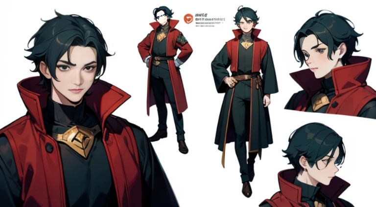 Video game character design, Drawing with Line Drawing, Multiple points of view, best quality,masterpiece,highres, tiefling, male, collage ((character concept art)), Video game character design, Detailed male with red skin,navy blue hair, Two thin horns,Dressed as a druid,illustartion,Realistic,Harmonious colours,natural lighting,Forest setting, green clothes, multiple views, Multiple images of the same character in one outfit:, Middle Ages