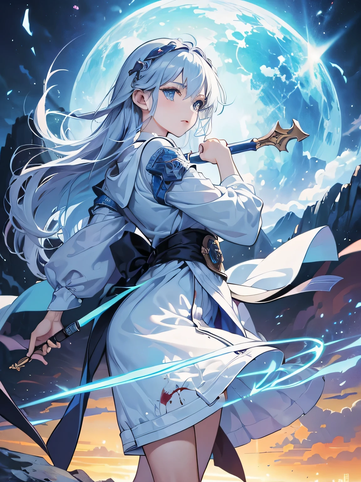 ((Best Quality, 8K, Masterpiece:1.3)), in the battlefield, 1woman, adventure, fantasy, magic, waterbender, light blue Long Hair, princess, dawn sky, scar, injured, blood, hero, shy, light novel cover art, detailed key anime art, epic light novel art cover, high quality fanart, zerochan art, artbook artwork, dreamy eyes, good ratio, good proportion, detailed property, detailed hand