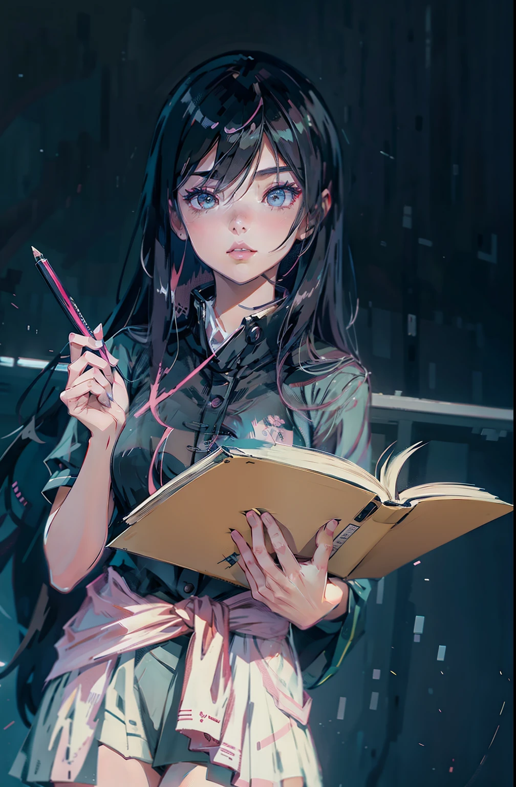 Anime girl holding a book and a pencil, stunning young girl, (Korean: 0.3, Celtic: 0.3, Romanian: 0.4), petite mouth, anime moe art style, Long hair, Ilya Kuvshinov style, beautiful anime high school girl, young anime girl, anime visual of cute girl, cute, upper body, front view of camera