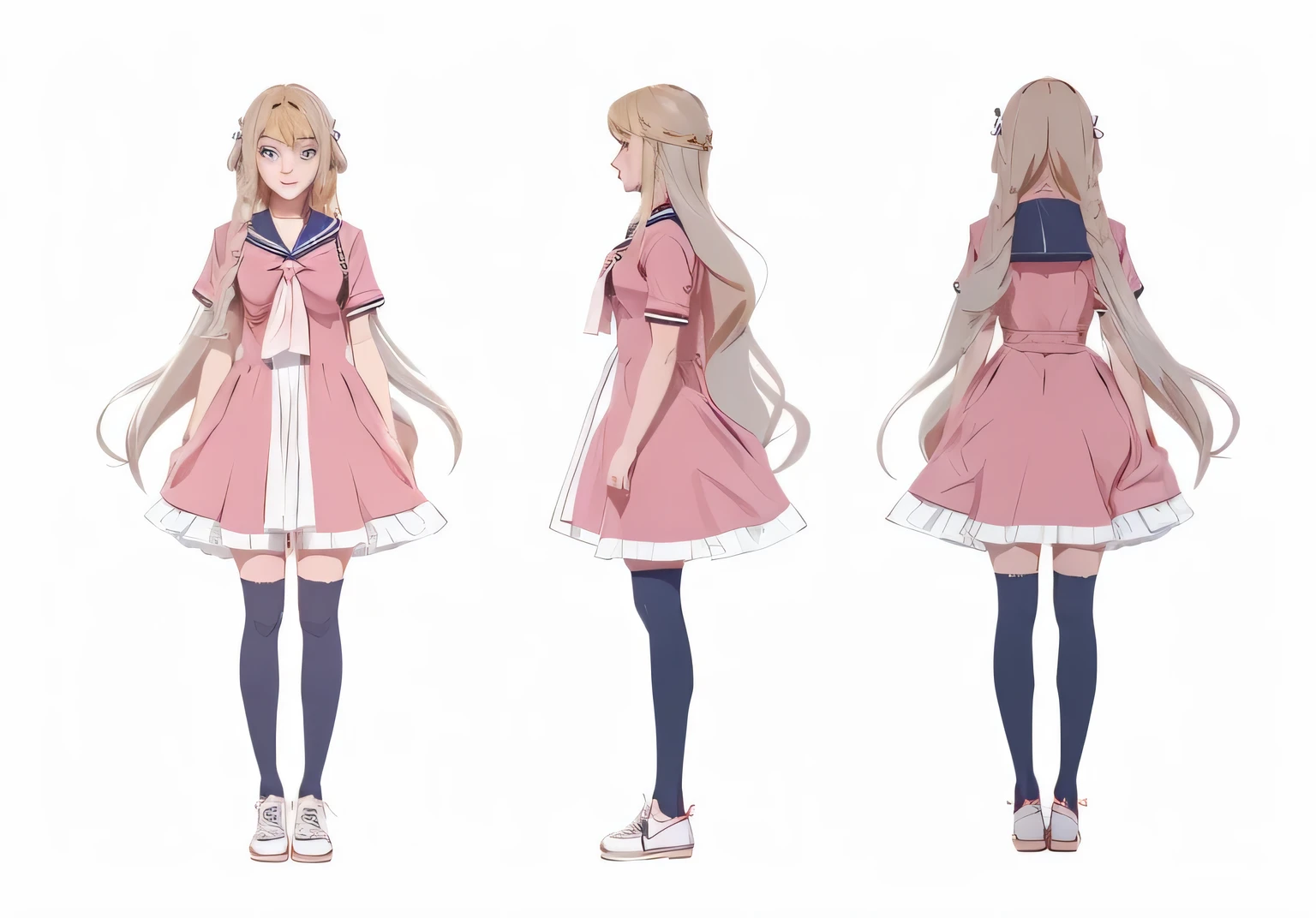 Long blonde hair in sailor suit animation style,same role,Front view,Left view,Rear view