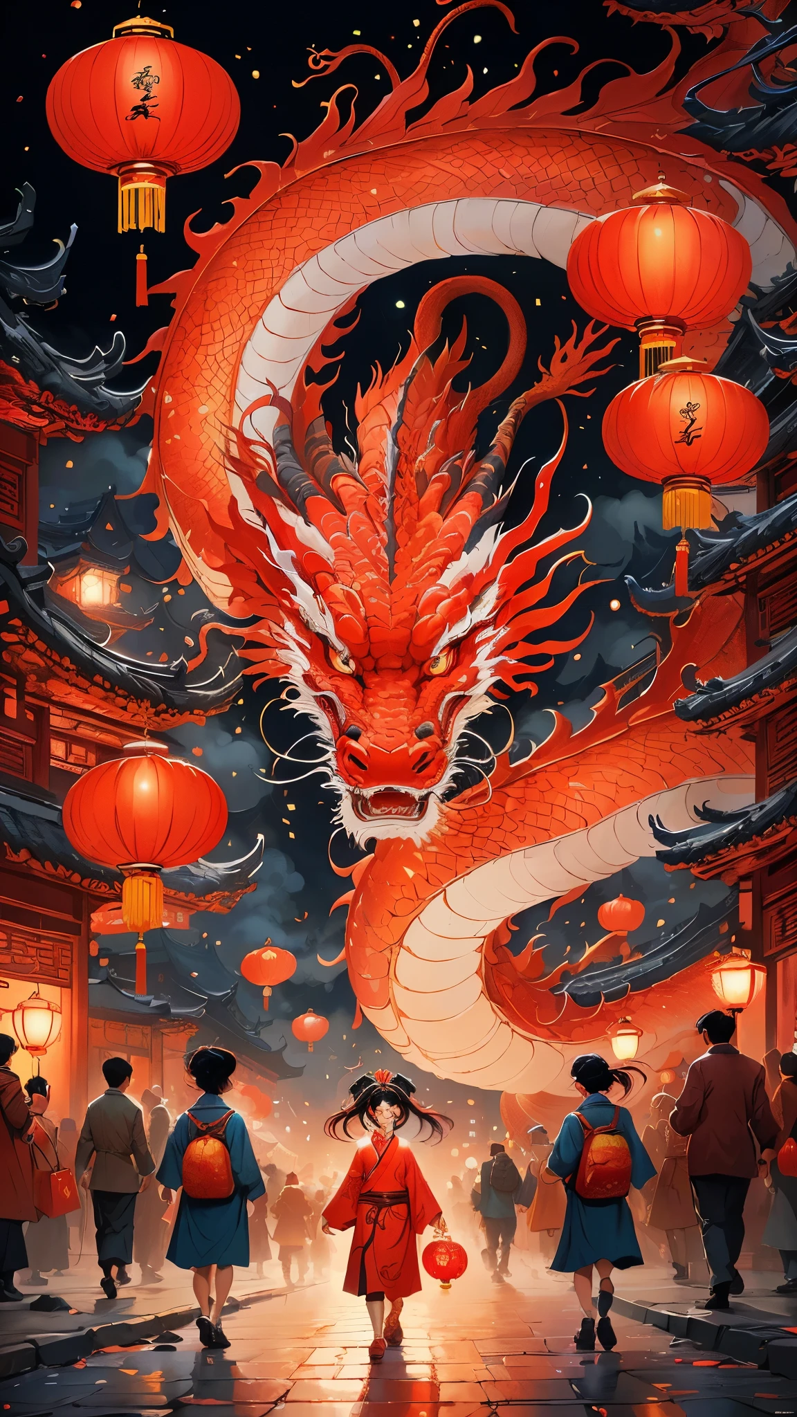 there is a woman walking down a street with a dragon on her head, dan mumford tom bagshaw, red dragon, chinese dragon concept art, in the style dan mumford artwork, chinese dragon, inspired by Dan Mumford, dragon art, majestic japanese dragon, a beautiful artwork illustration, big red dragon flying above them, by Dan Mumford, detailed painting 4 k