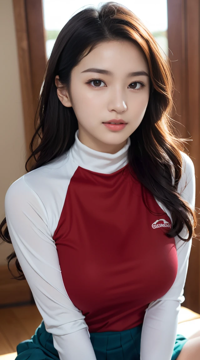 Dressed up、(Photo real:1.4)、(A hyper-realistic:1.4)、(Photorealistic:1.3)、 (gentle lighting: 1.05)、(Improve the lighting quality of your video:0.9)、32 k、 1Girl、20 years old girl、photorealistic lighting、Back lighting、Facial Lights、Ray Trace、(bright:1.2)、(Increase quality:1.4)、 (best quality real texture skin)、Fair eyes,Delicate and delicate face、 (tired and sleepy and satisfied : 0.0), Close-up of the face, very tight volleyball uniform : 1.3,(very tight turtle neck uniform,no sleeve,very tight no-sleeve uniform,mini skirt), (Bodyline mood improvement:1.1)、Glossy skin、moist skin,pornostar、韓国アイドル、乃木坂アイドル、Beautiful actress、Neat woman、whole body, and spread the legs apart, midium breasts, transparant small nipples,slender waist,beautiful thighs,((blush,sexy,wavy hair)),((colorful based yerrow volleyball uniform、no sleeve,turtle neck,no sleeve)),(((embarrassed)))、(((手で服をずらしてわざと少し乳首を露出している、手で服をずらしてわざと少し乳首を見せている、手で服をずらしてわざと少し乳首を出している、小さい乳首、誘惑している)))、random dynamic pose,(((thick eyeliner), (eye shadow),(red lips),(red cheek),(wavy hair))),