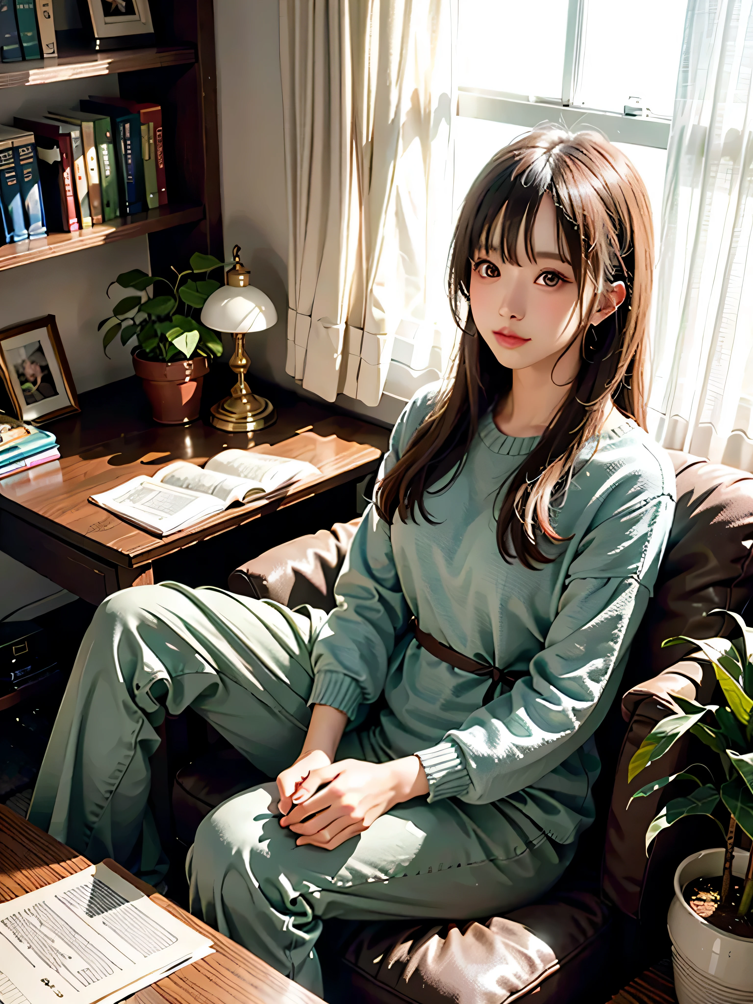 living room, couch, window, curtains, dappled sunlight, potted plant, table, cabinet,bookshelf, paper, desk lamp, typewriter, girl sitting on sofa