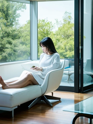 high quality、high resolution photos、technology, Nature and the spirit of the people are in perfect harmony、A futuristic city that looks like a bright science fiction movie、blue sky、White cloud、The interior of the white private room is a cozy space that looks like something out of a science fiction movie.、large glass window、breakfast on the table、A beautiful woman wearing a white loungewear is sitting on a chair、All designs are rational and simple、