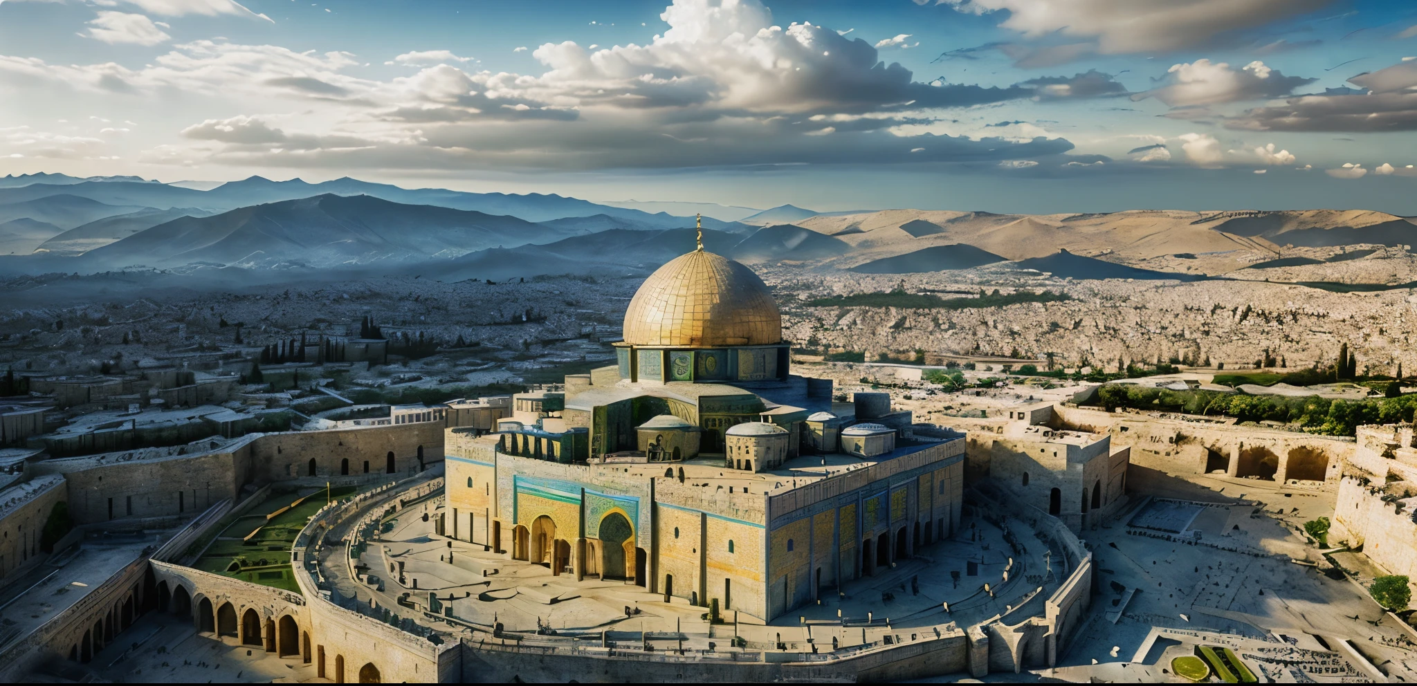 ((master piece)), Al-Aqsa Mosque realistic best quality, (12k, best quality, masterpiece:1.2), ultra-detailed, illustration, clouds around, celestial architecture,  Giant castle in the center, big greeny mountain around